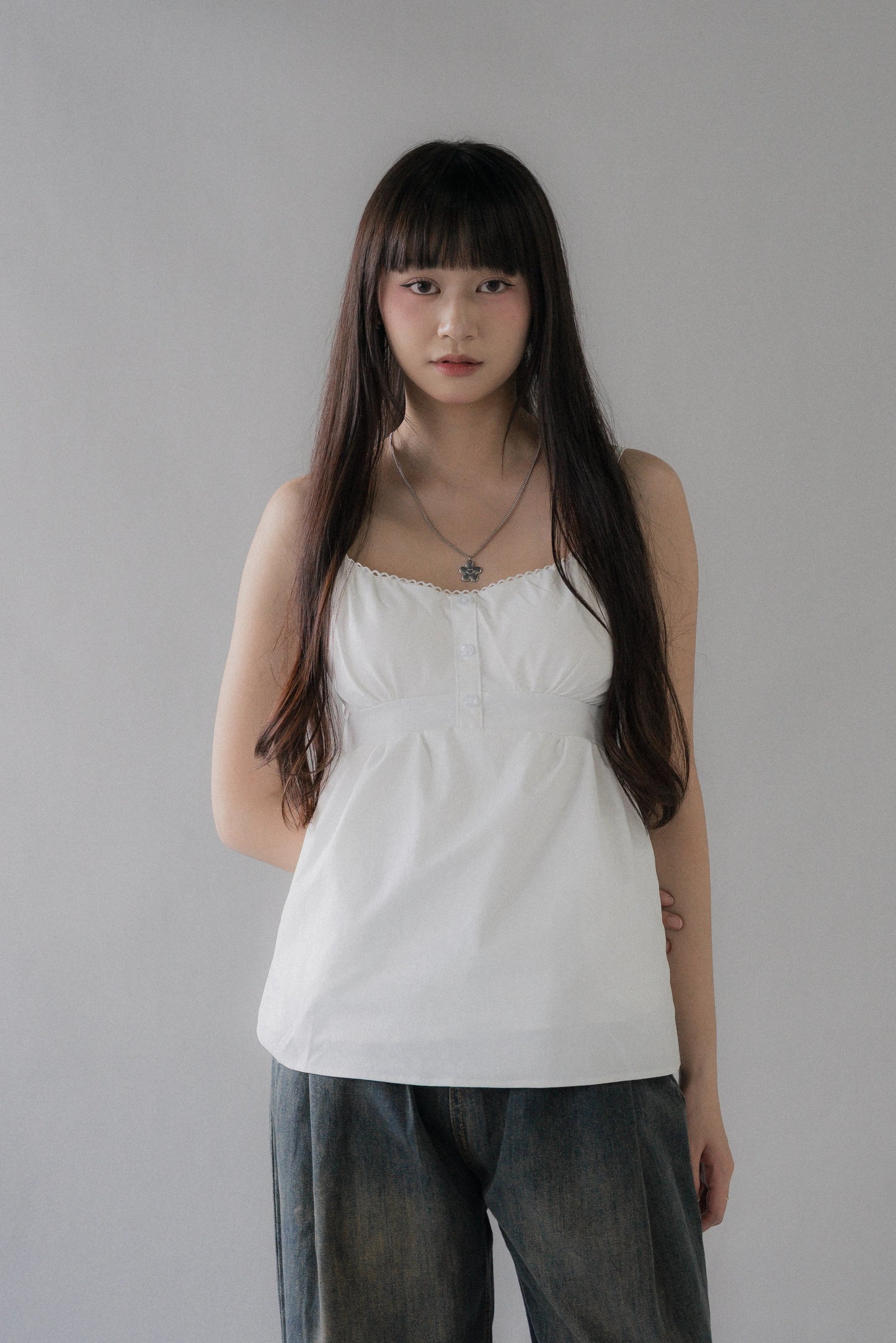 Sydney Scallop Trim Padded Button Tank Top