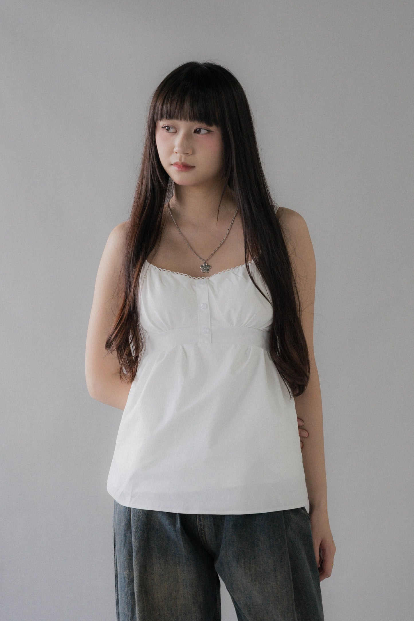 Sydney Scallop Trim Padded Button Tank Top