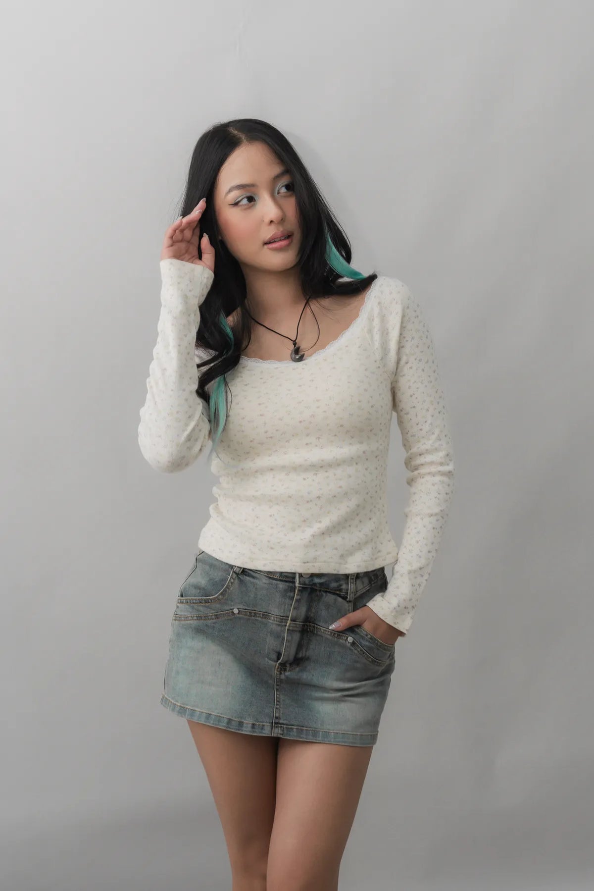 Valerie Pointelle Off Shoulder Long Sleeve Top
