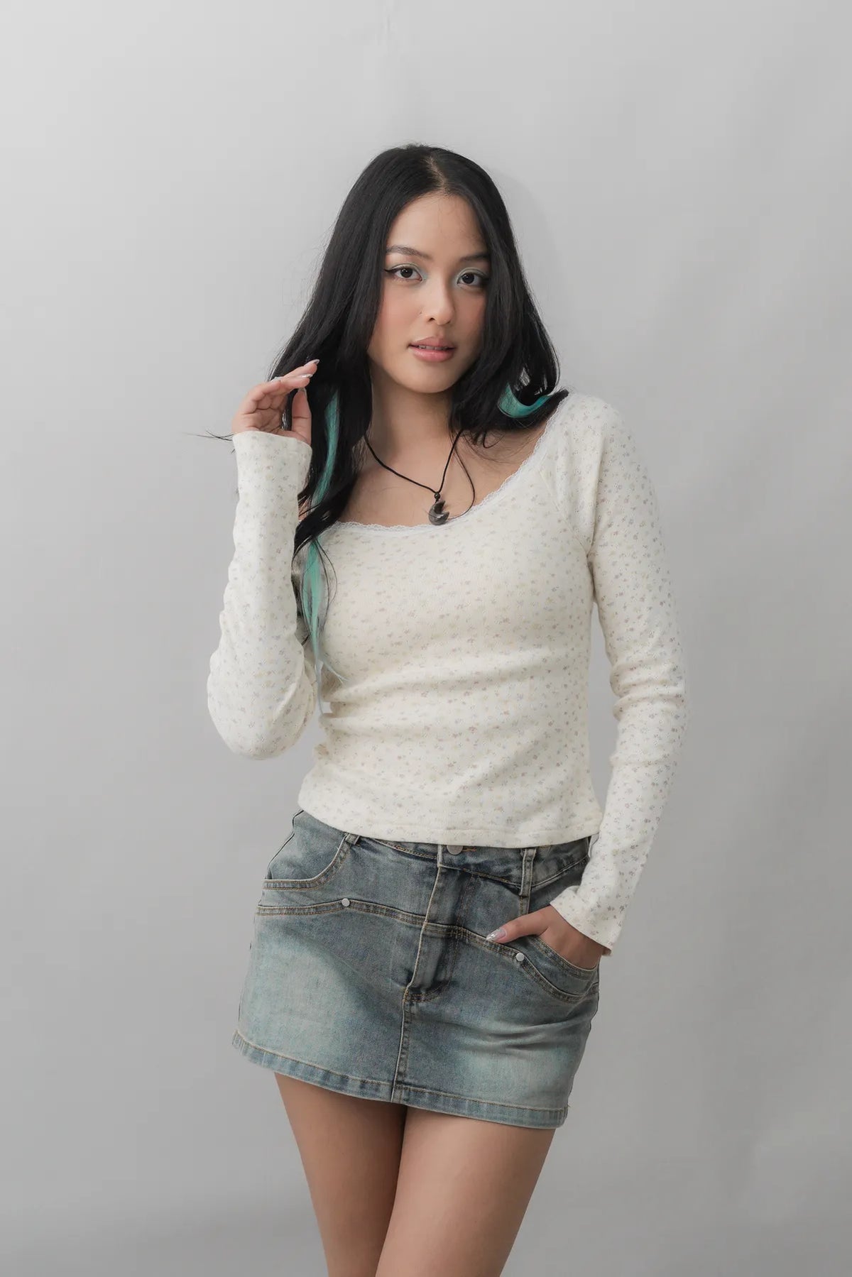 Valerie Pointelle Off Shoulder Long Sleeve Top