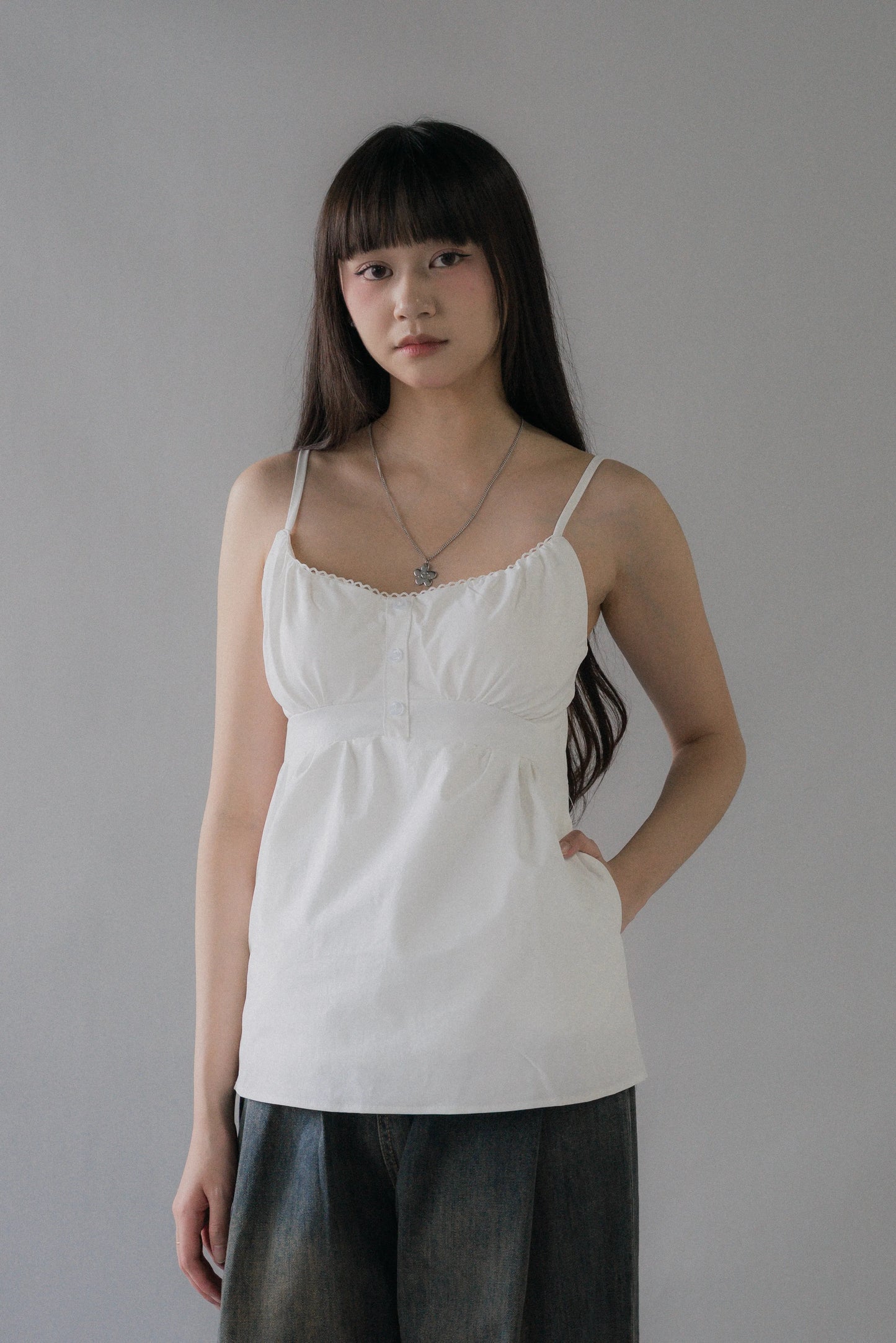 Sydney Scallop Trim Padded Button Tank Top