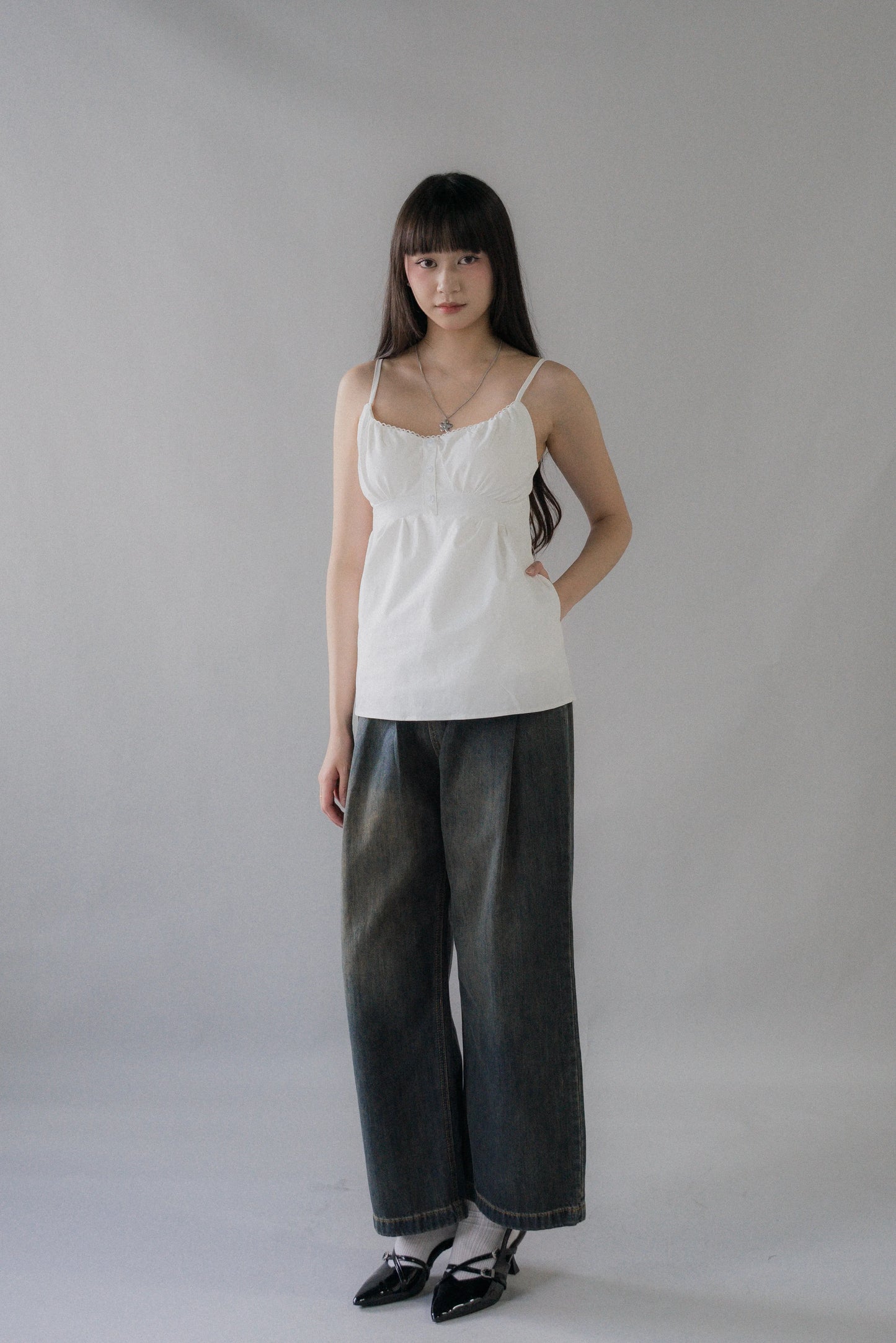 Sydney Scallop Trim Padded Button Tank Top