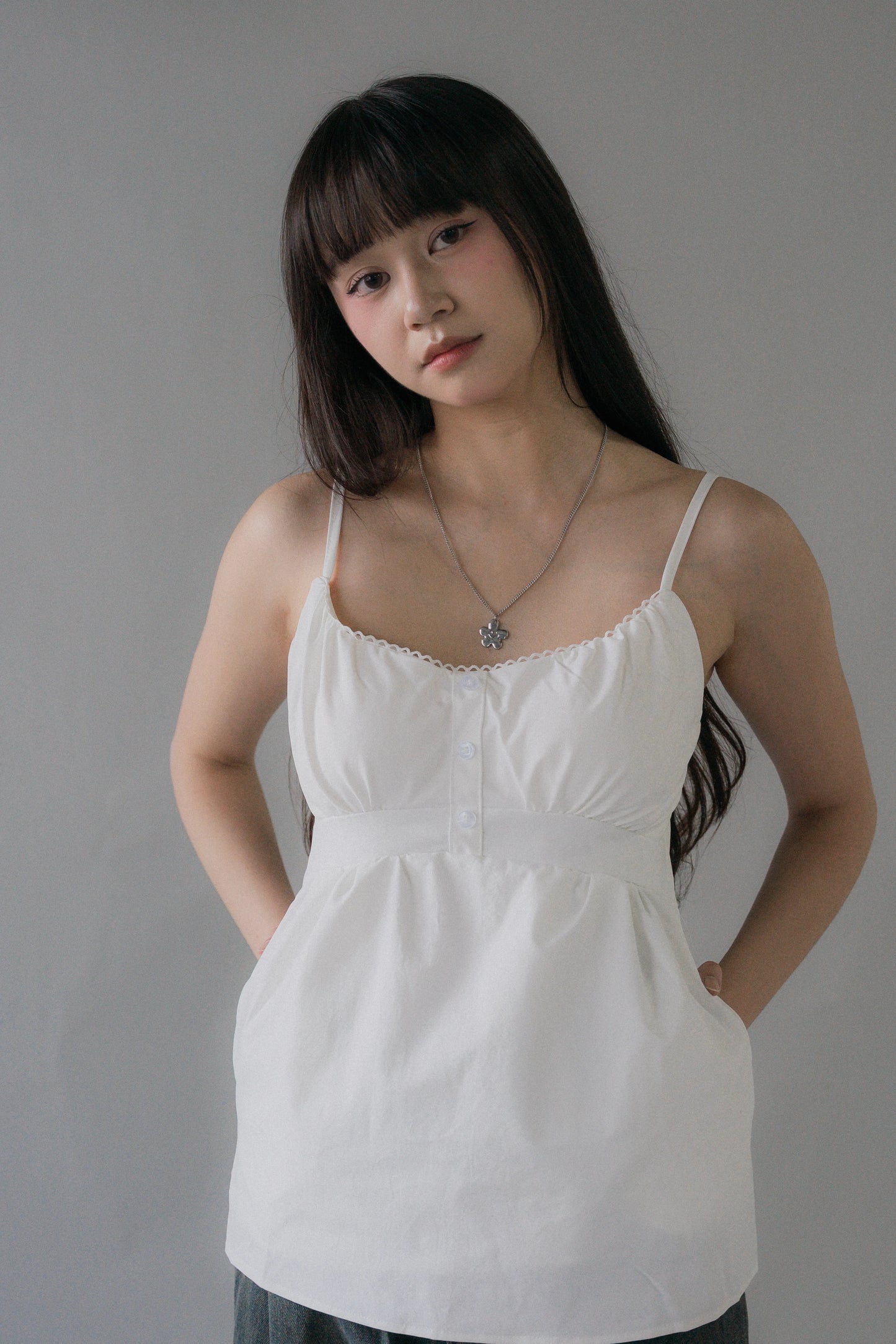 Sydney Scallop Trim Padded Button Tank Top