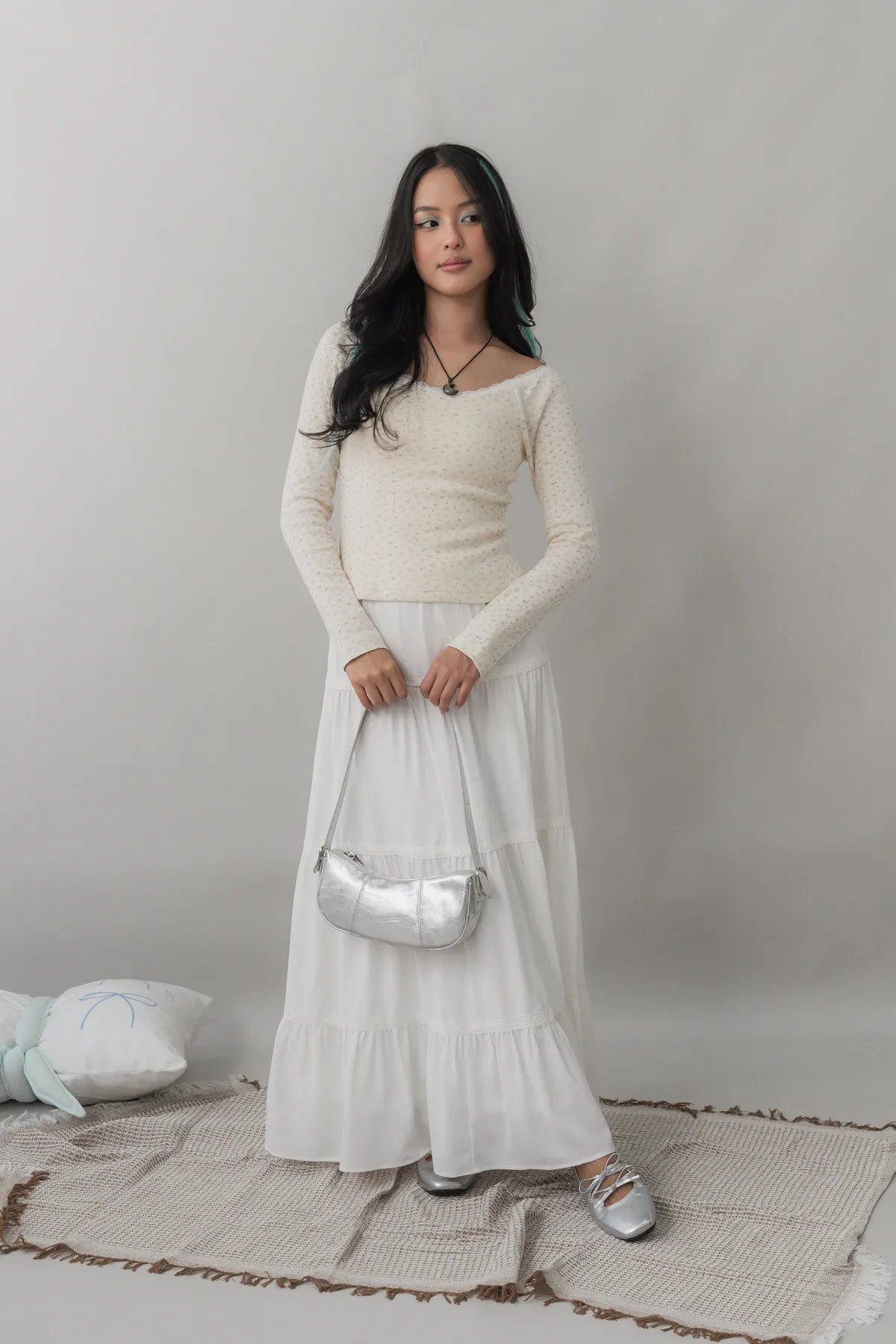 Valerie Pointelle Off Shoulder Long Sleeve Top