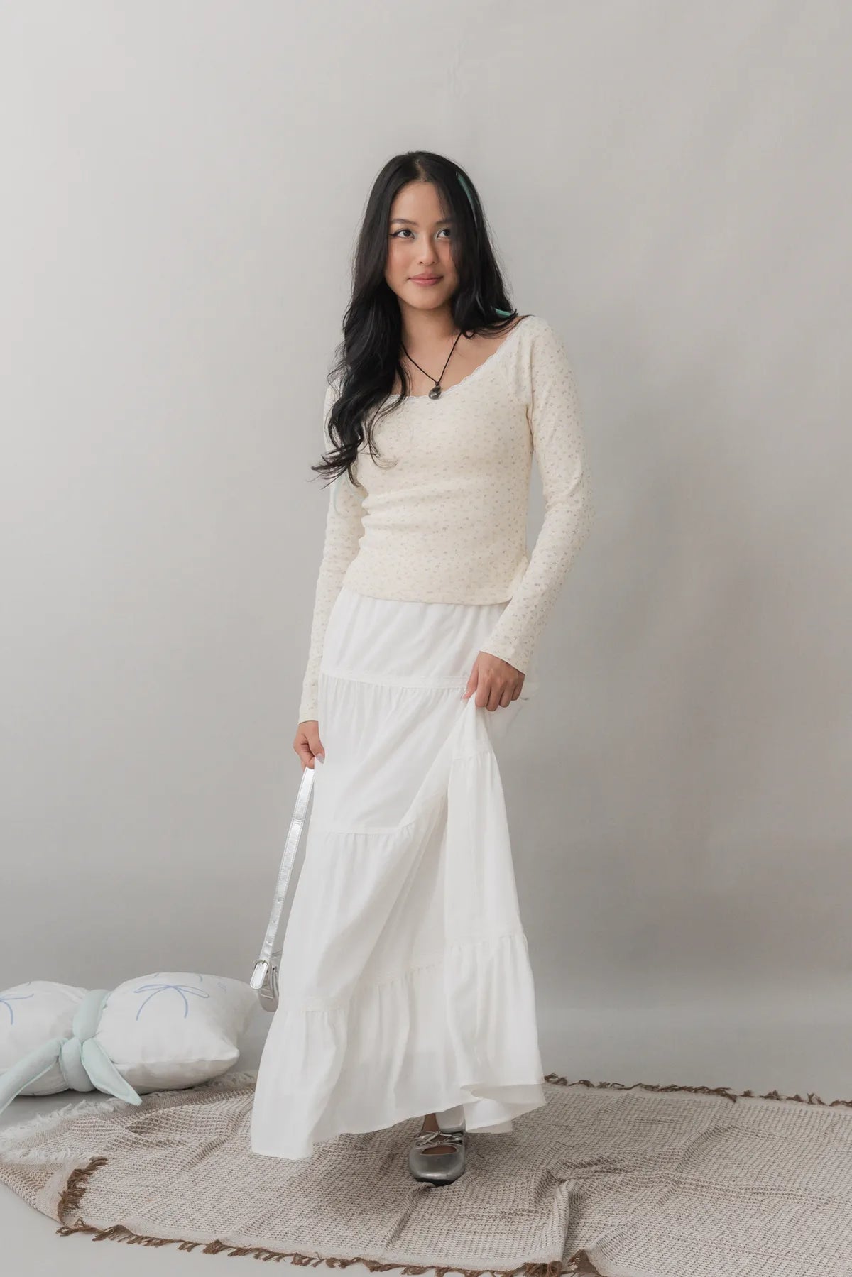 Valerie Pointelle Off Shoulder Long Sleeve Top