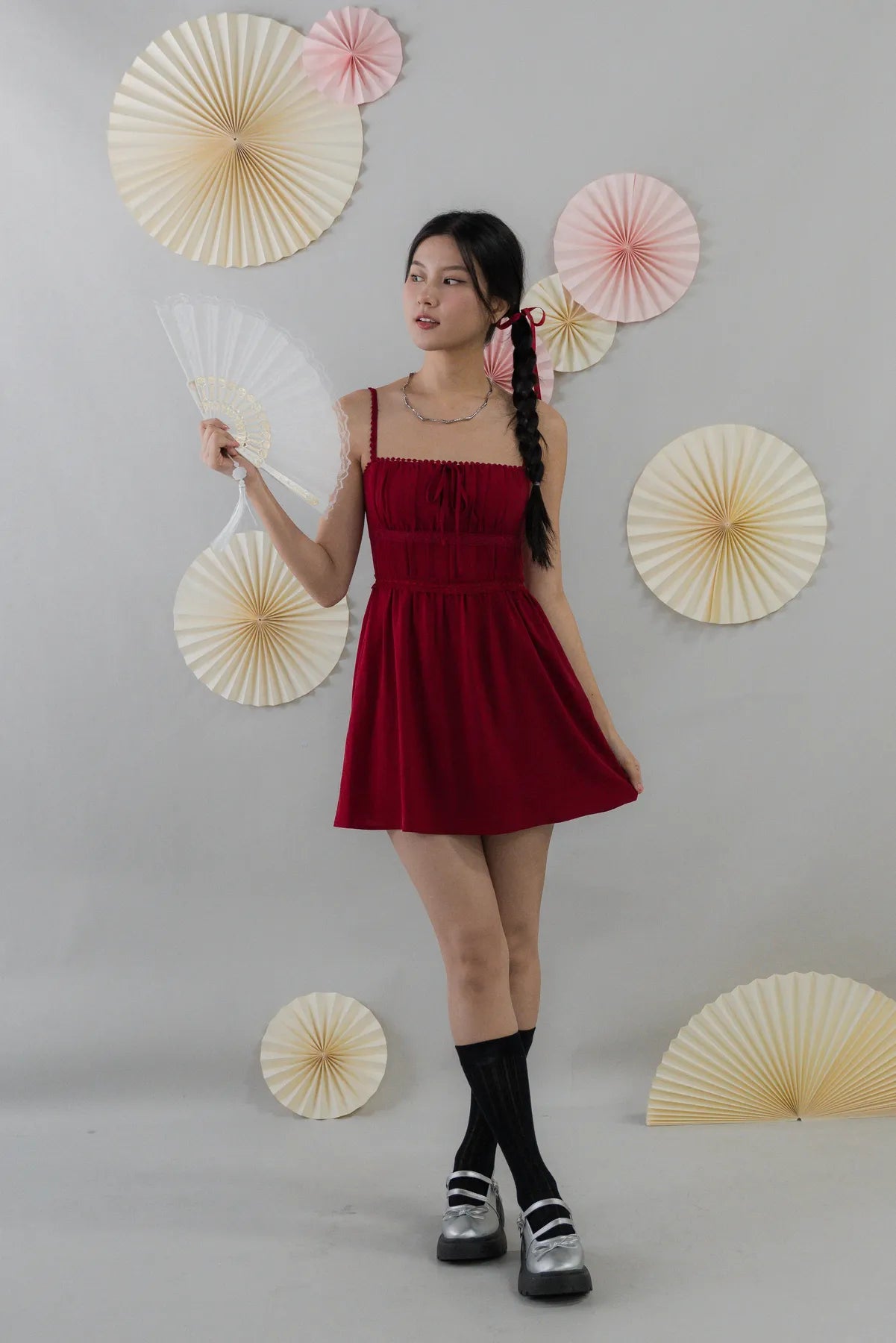 Elysia Ribbon Pintuck Padded Mini Romper Dress