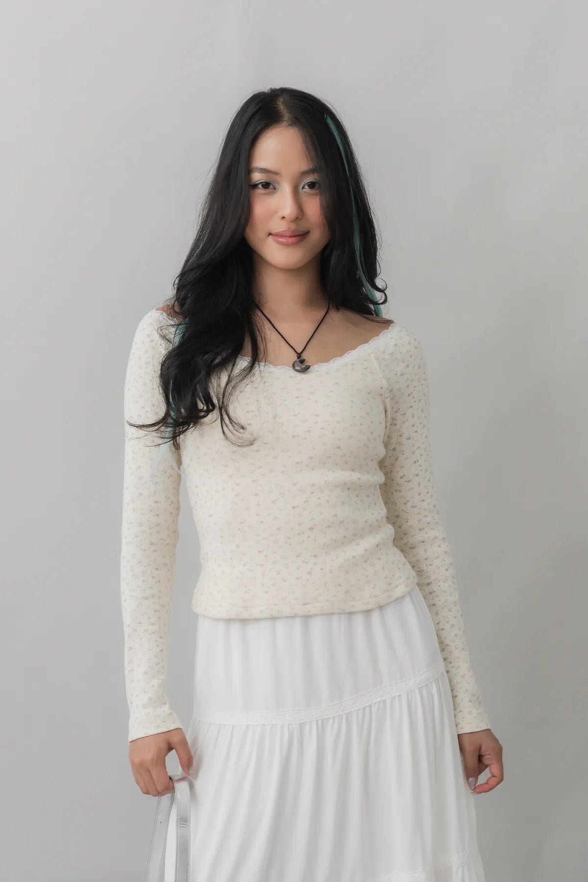 Valerie Pointelle Off Shoulder Long Sleeve Top