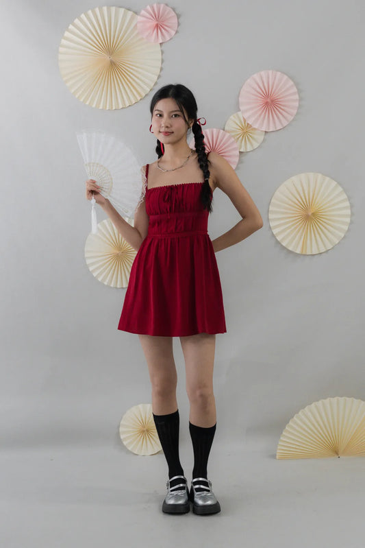 Elysia Ribbon Pintuck Padded Mini Romper Dress