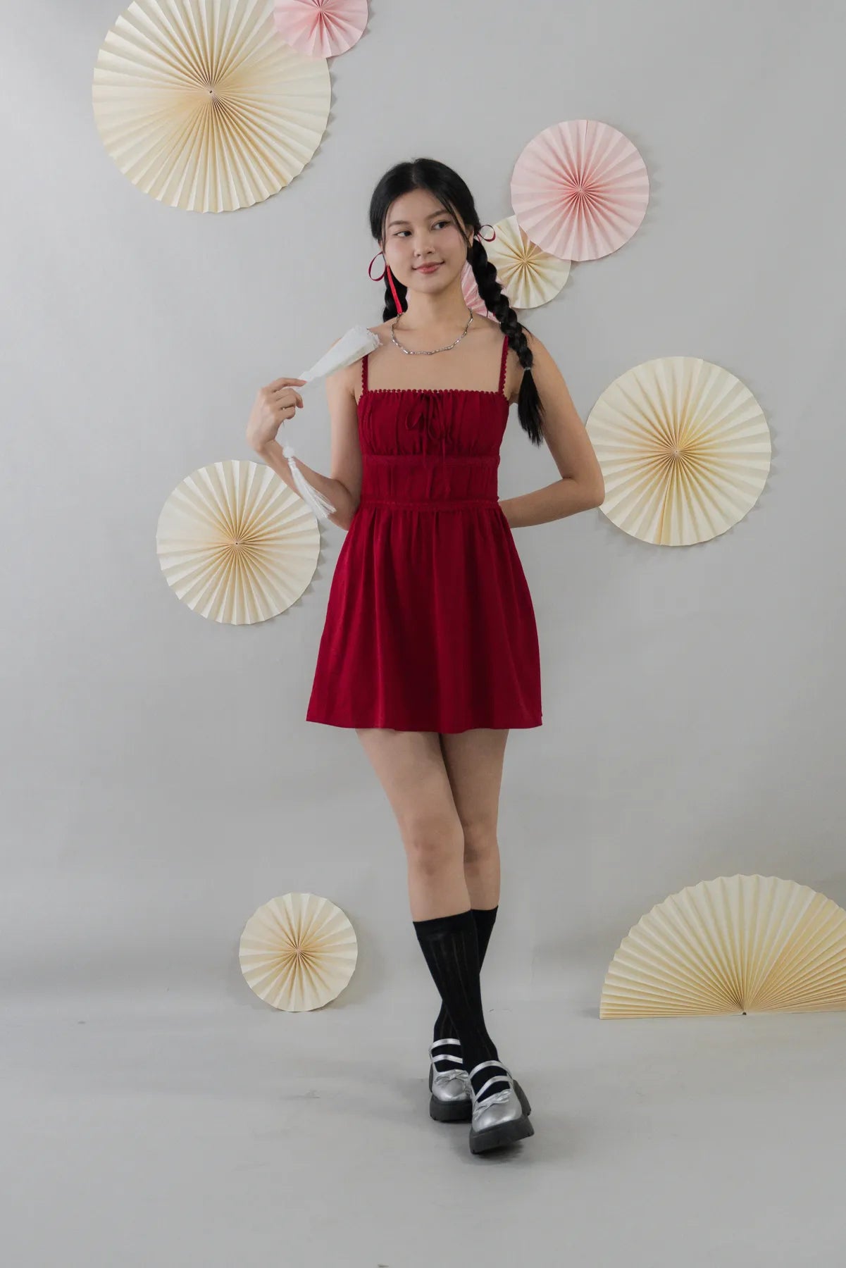 Elysia Ribbon Pintuck Padded Mini Romper Dress