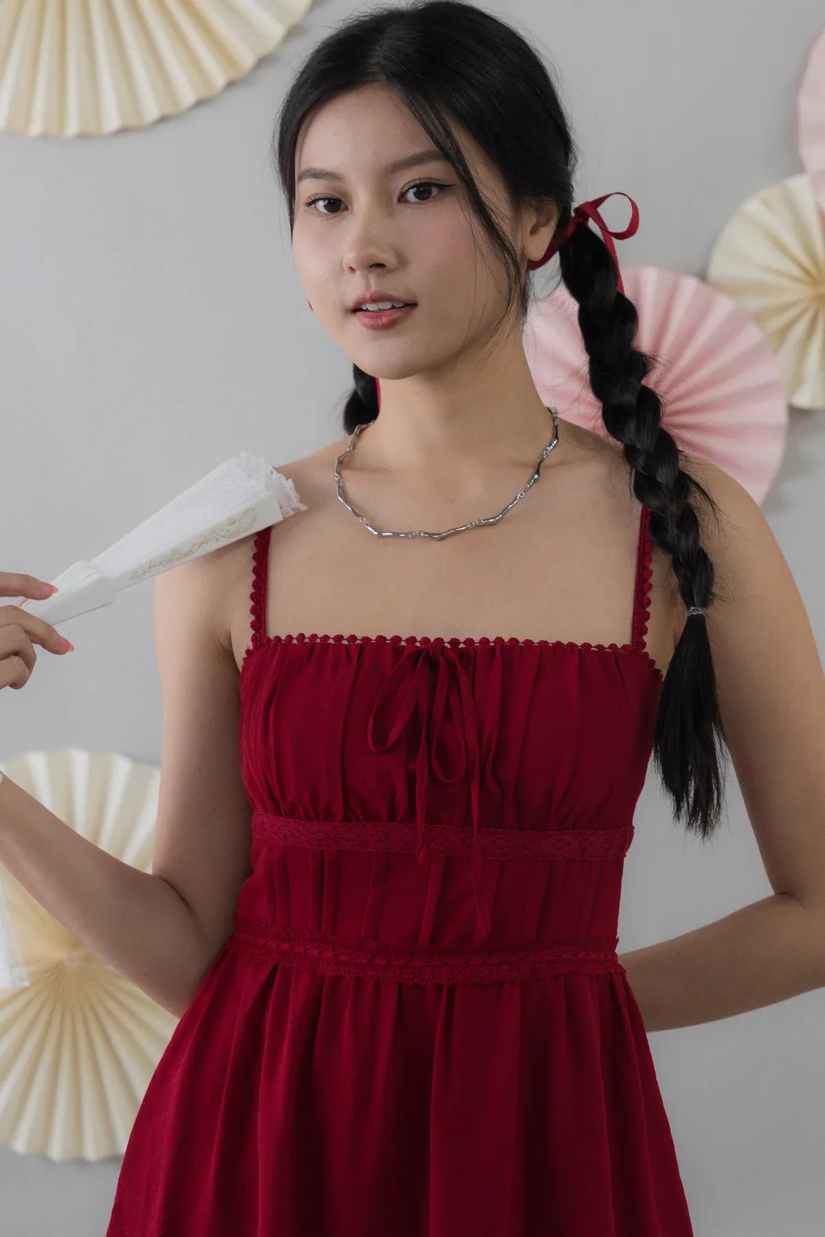 Elysia Ribbon Pintuck Padded Mini Romper Dress