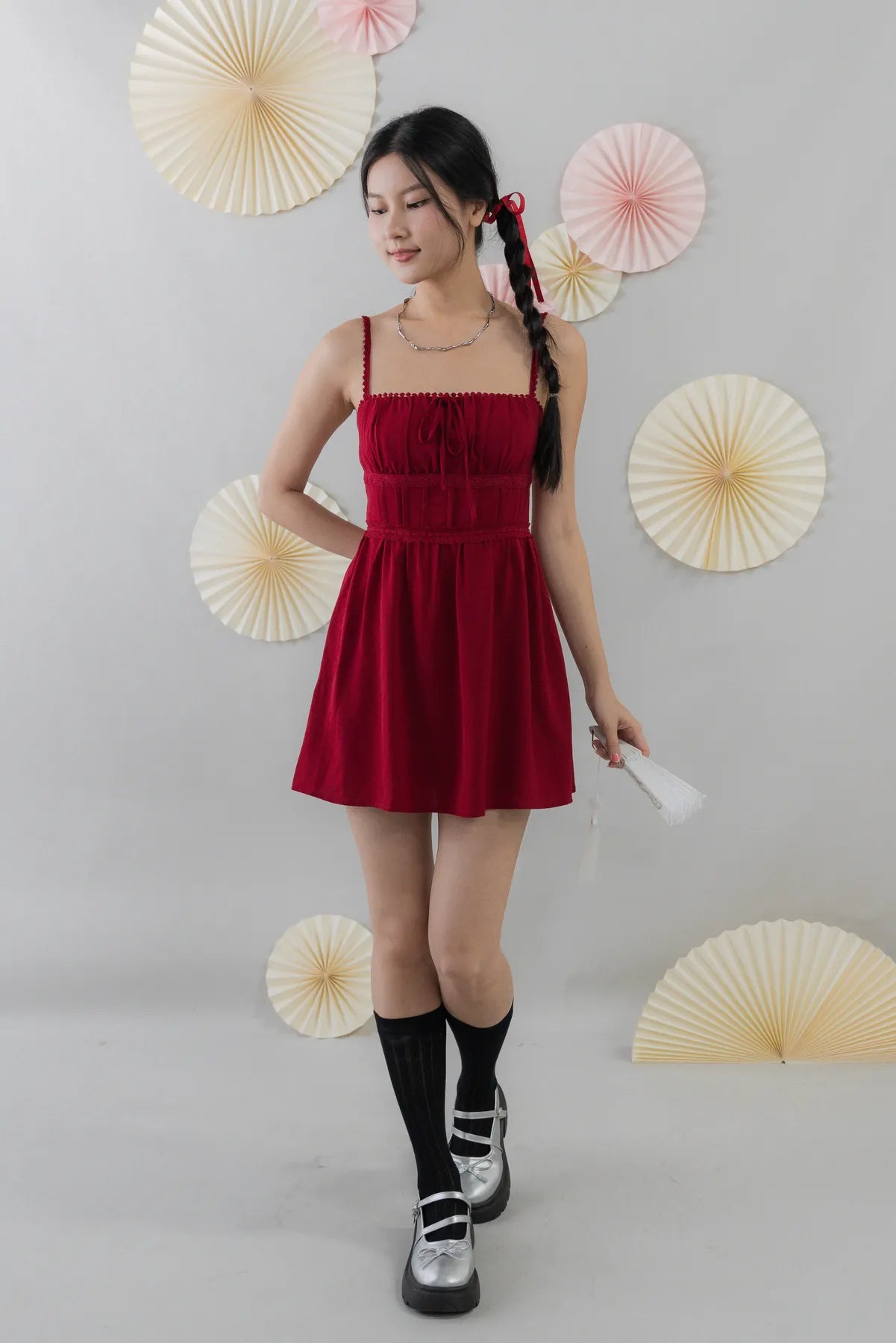 Elysia Ribbon Pintuck Padded Mini Romper Dress