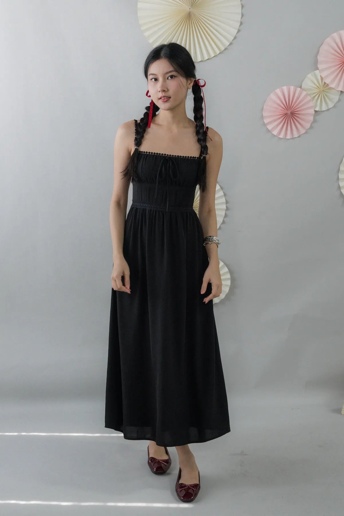 Elysia Ribbon Pintuck Padded Maxi Dress