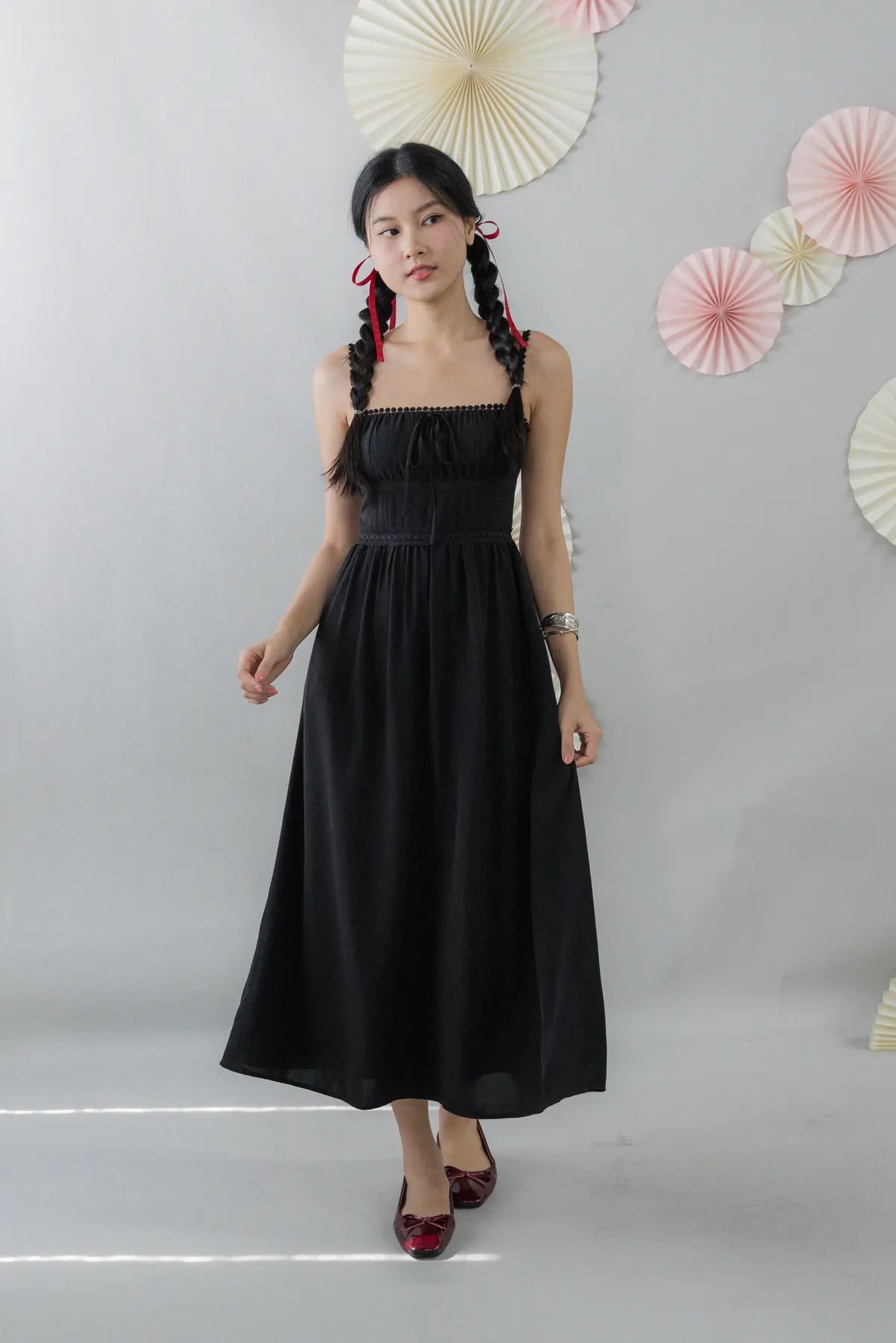 Elysia Ribbon Pintuck Padded Maxi Dress