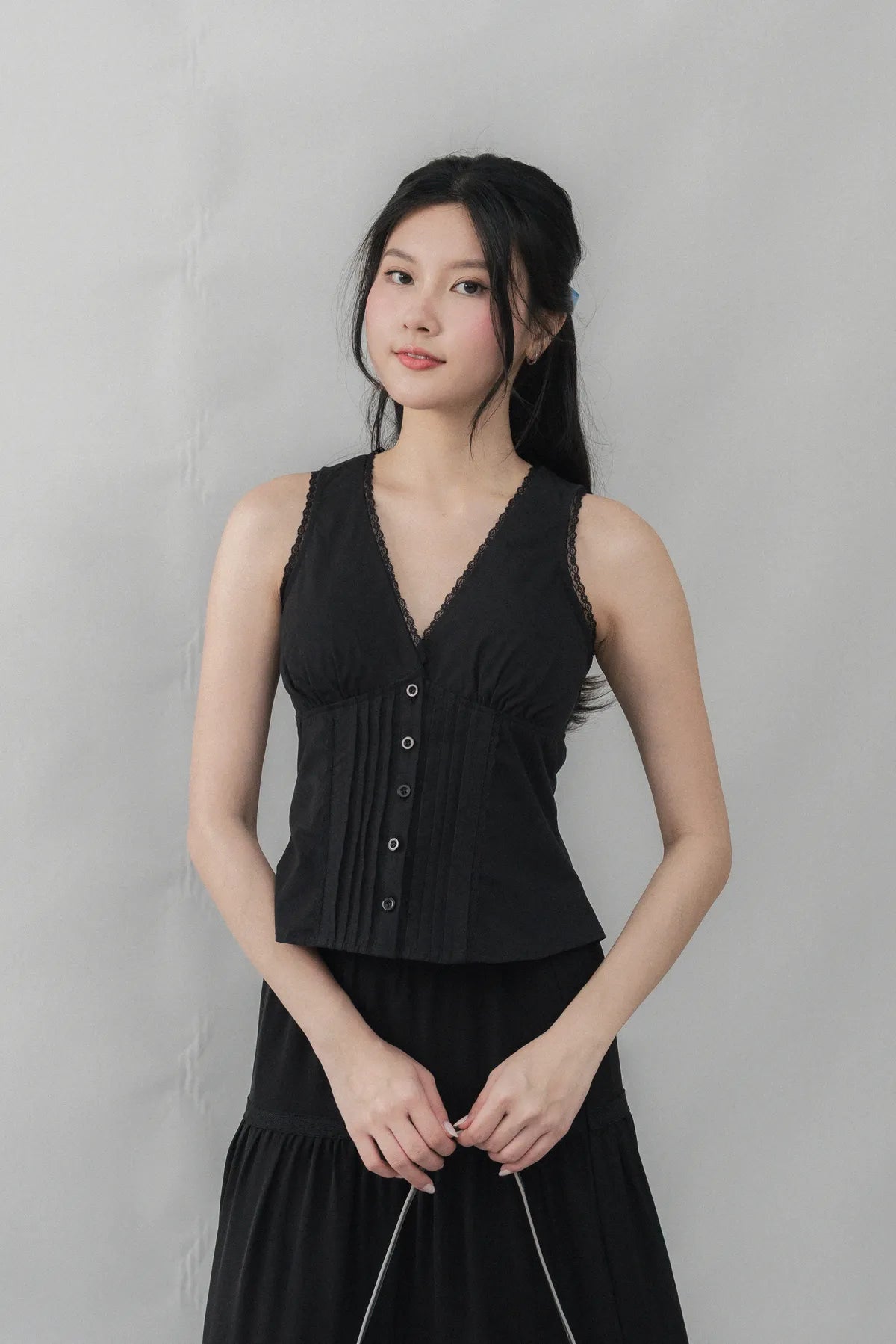 Evelyn Pintuck Lace Trim Padded Vest Top