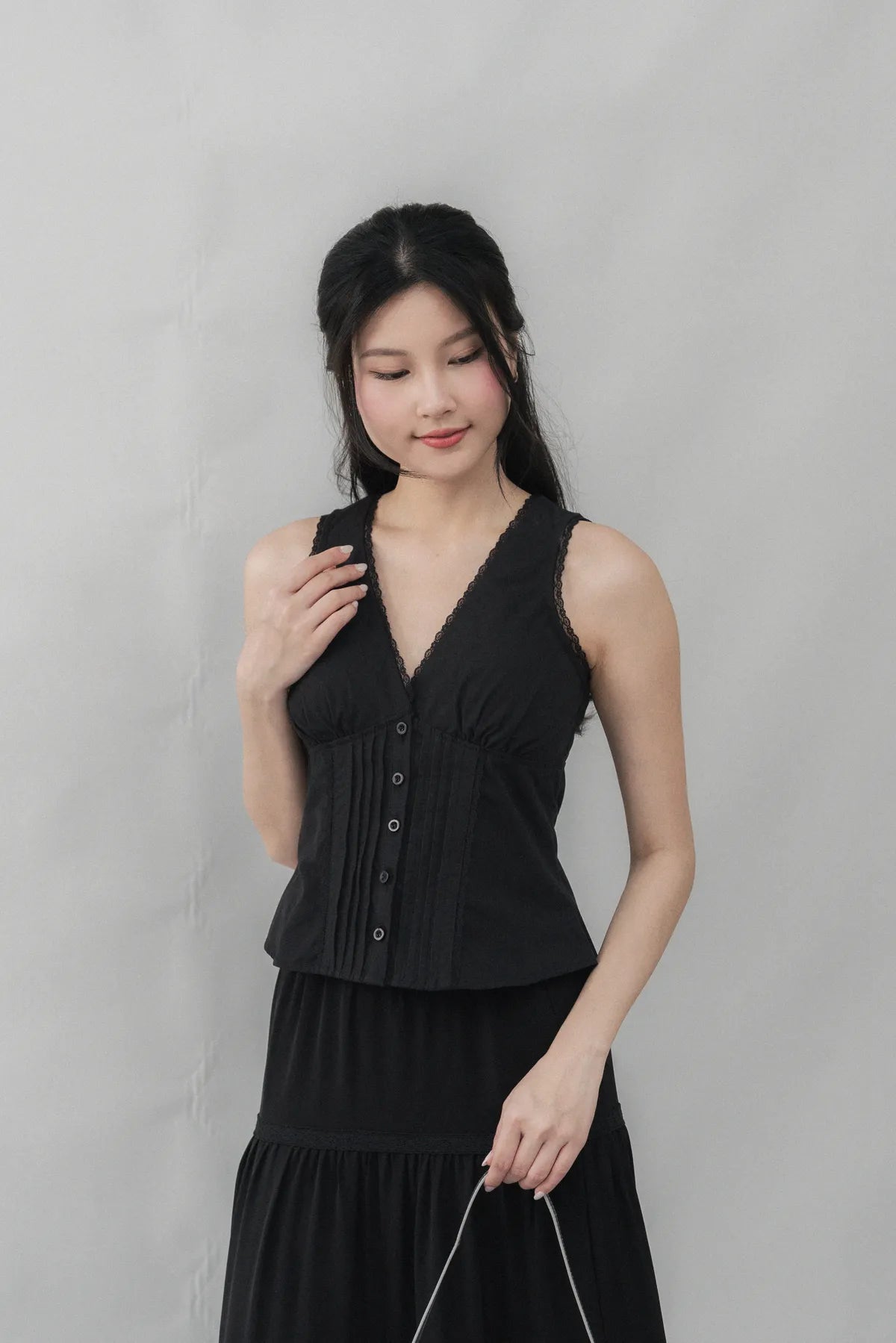 Evelyn Pintuck Lace Trim Padded Vest Top