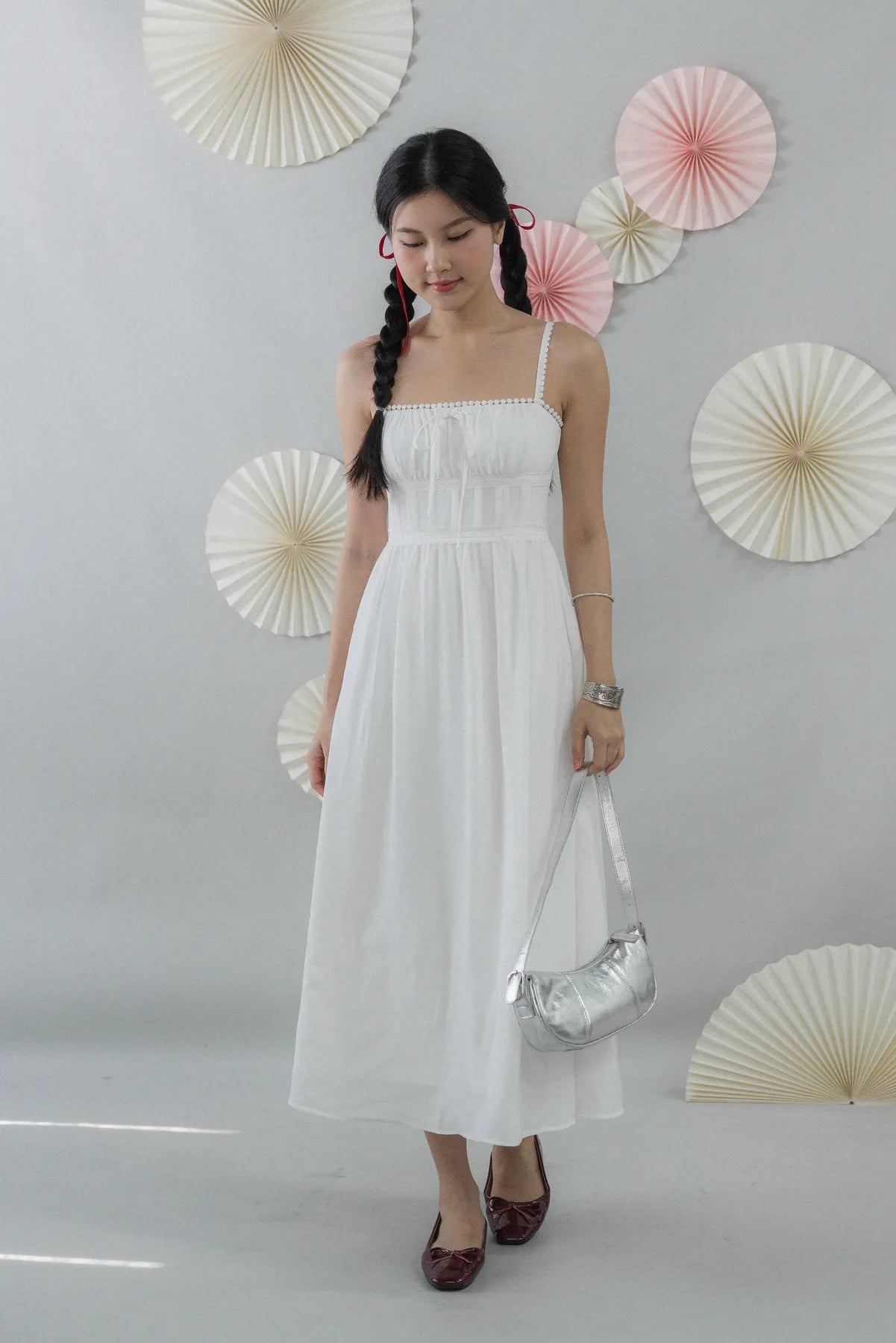 Elysia Ribbon Pintuck Padded Maxi Dress