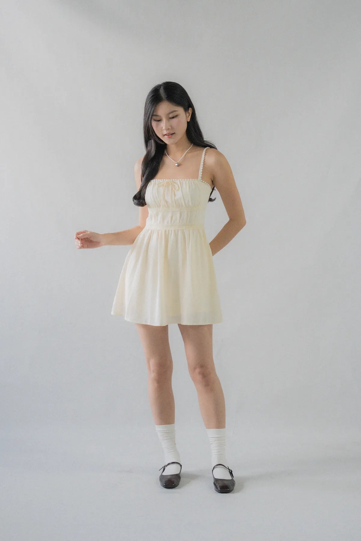 Elysia Ribbon Pintuck Padded Mini Romper Dress