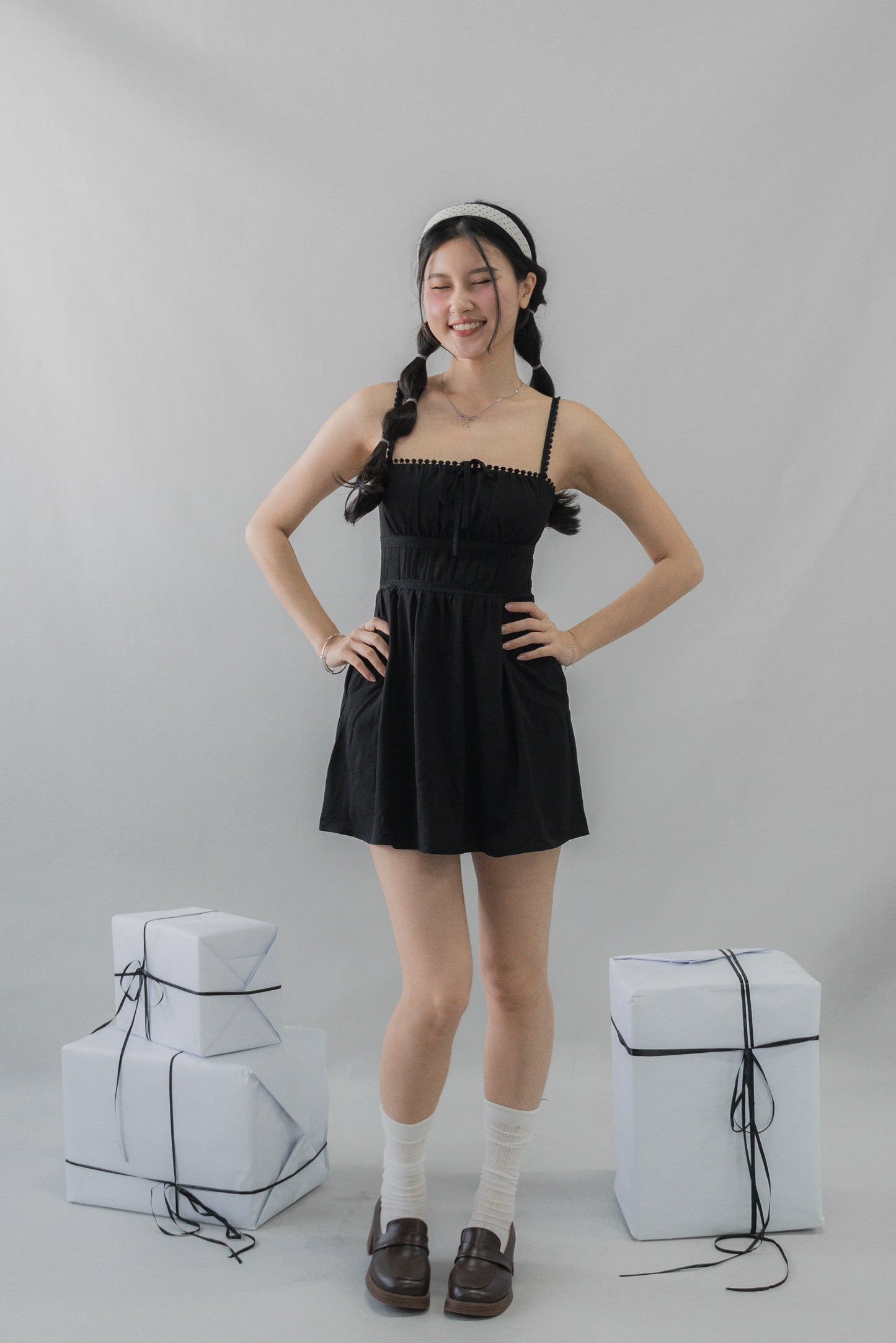 Elysia Ribbon Pintuck Padded Mini Romper Dress