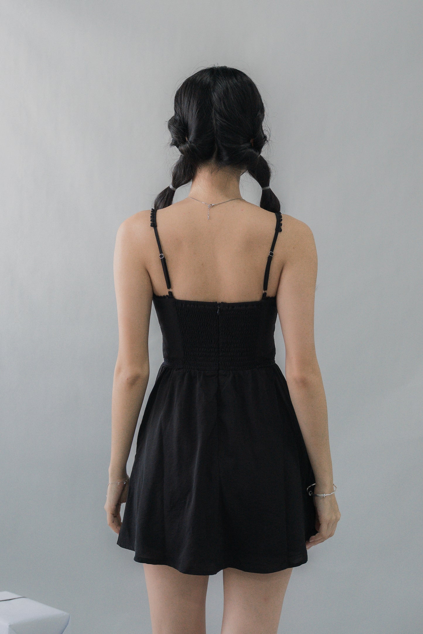 Elysia Ribbon Pintuck Padded Mini Romper Dress