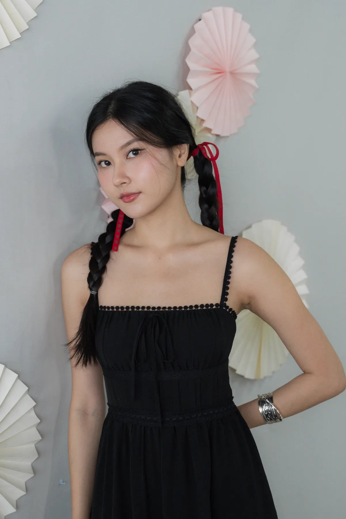 Elysia Ribbon Pintuck Padded Maxi Dress