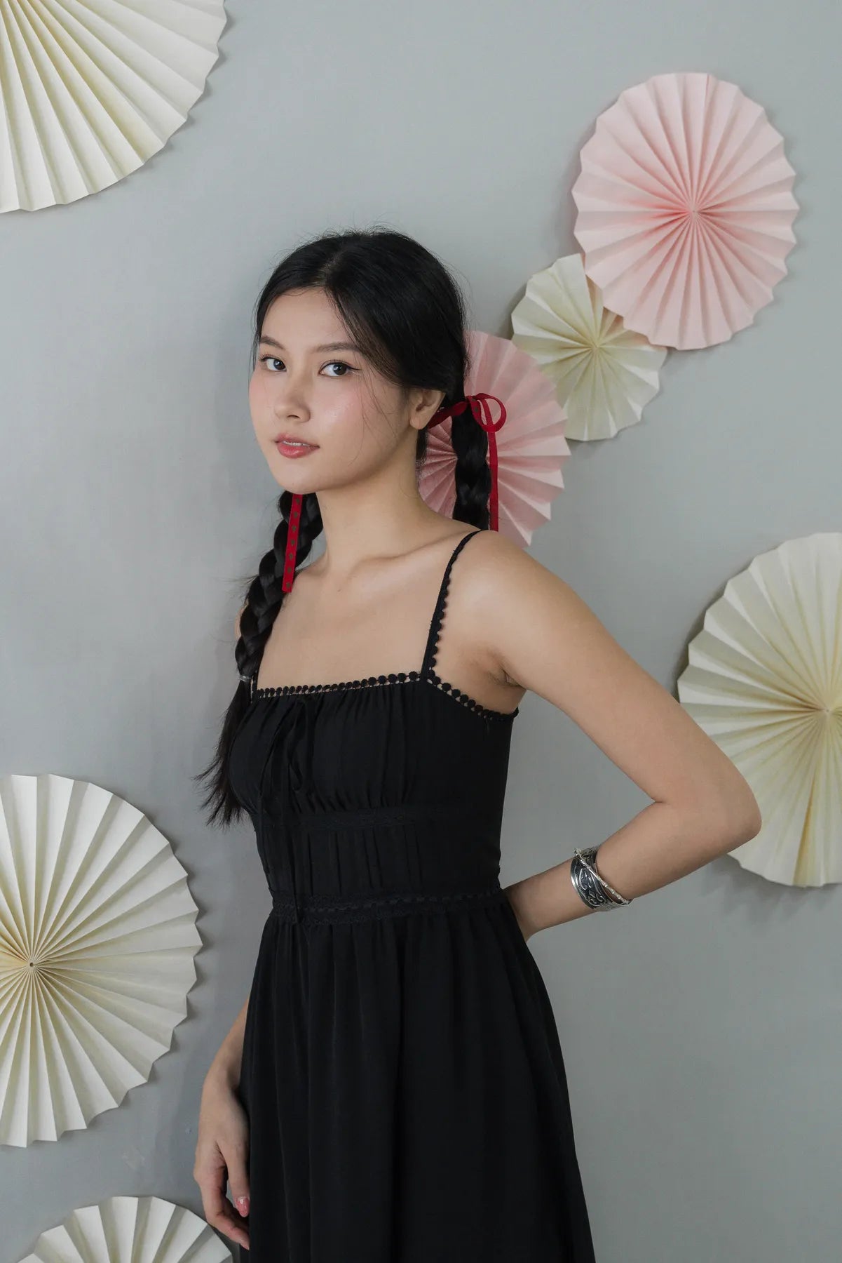 Elysia Ribbon Pintuck Padded Maxi Dress