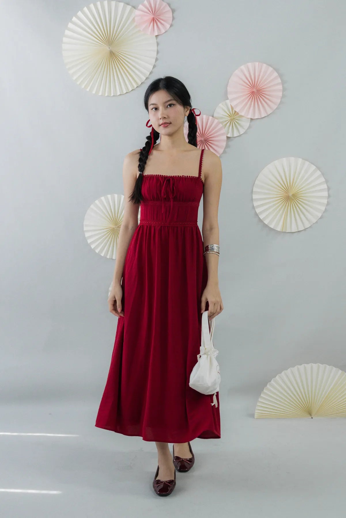 Elysia Ribbon Pintuck Padded Maxi Dress