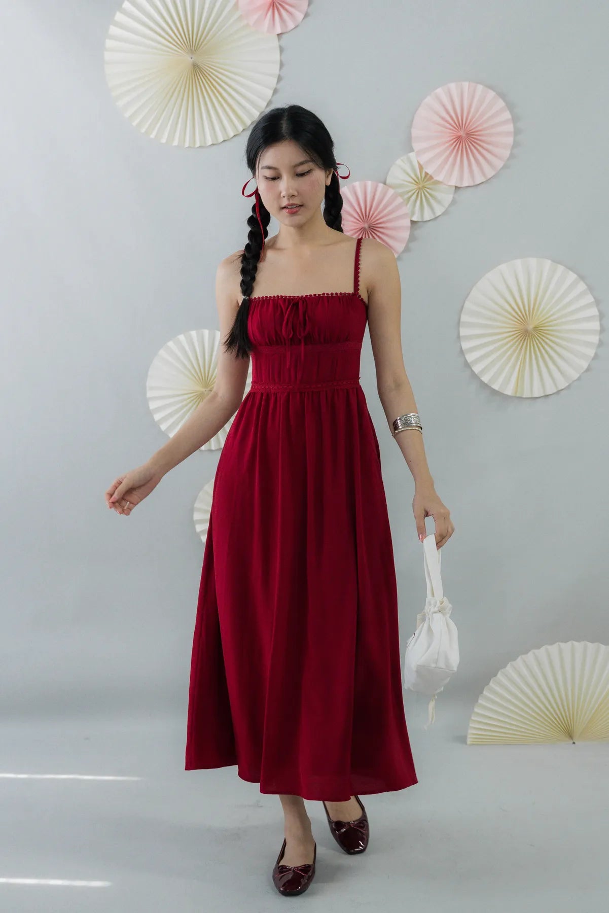 Elysia Ribbon Pintuck Padded Maxi Dress