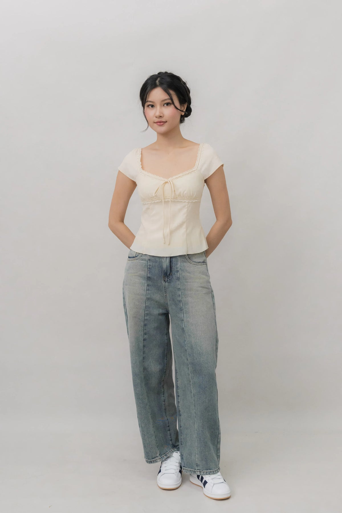 Christine Sleeved Padded Lace Ribbon Top