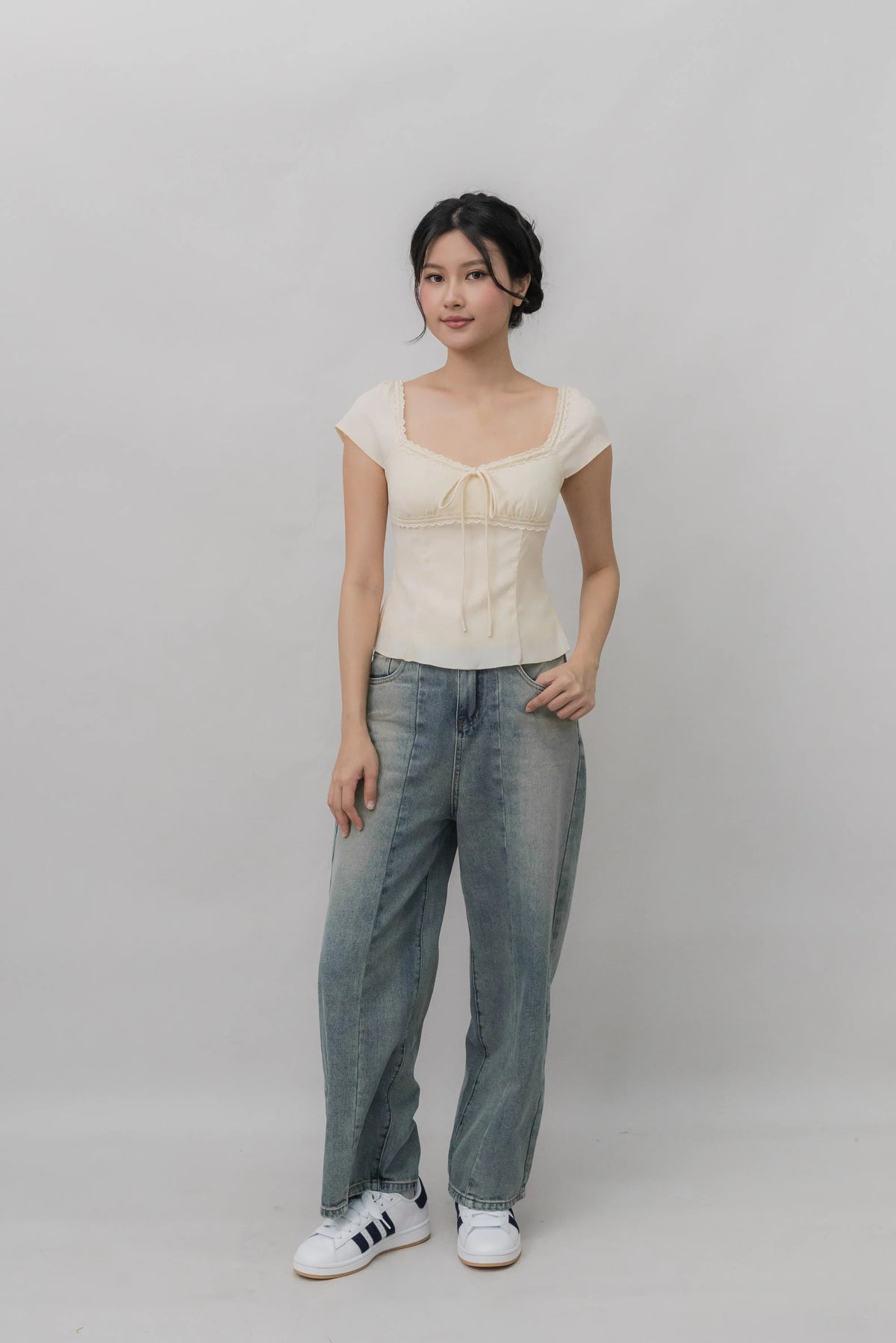 Christine Sleeved Padded Lace Ribbon Top
