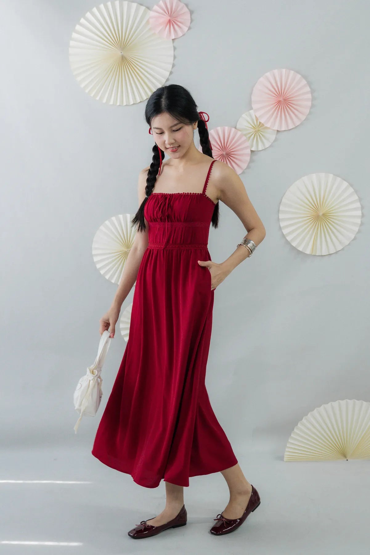 Elysia Ribbon Pintuck Padded Maxi Dress