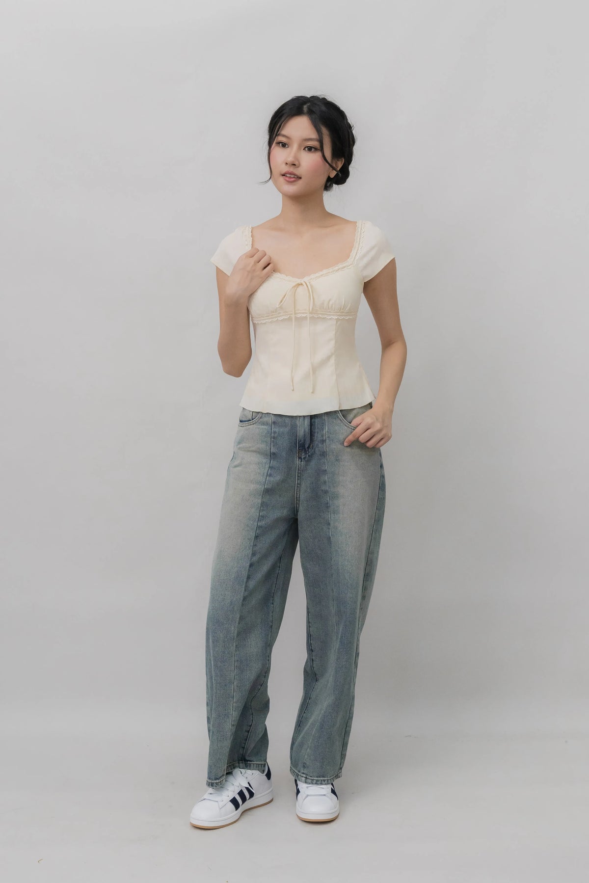 Christine Sleeved Padded Lace Ribbon Top