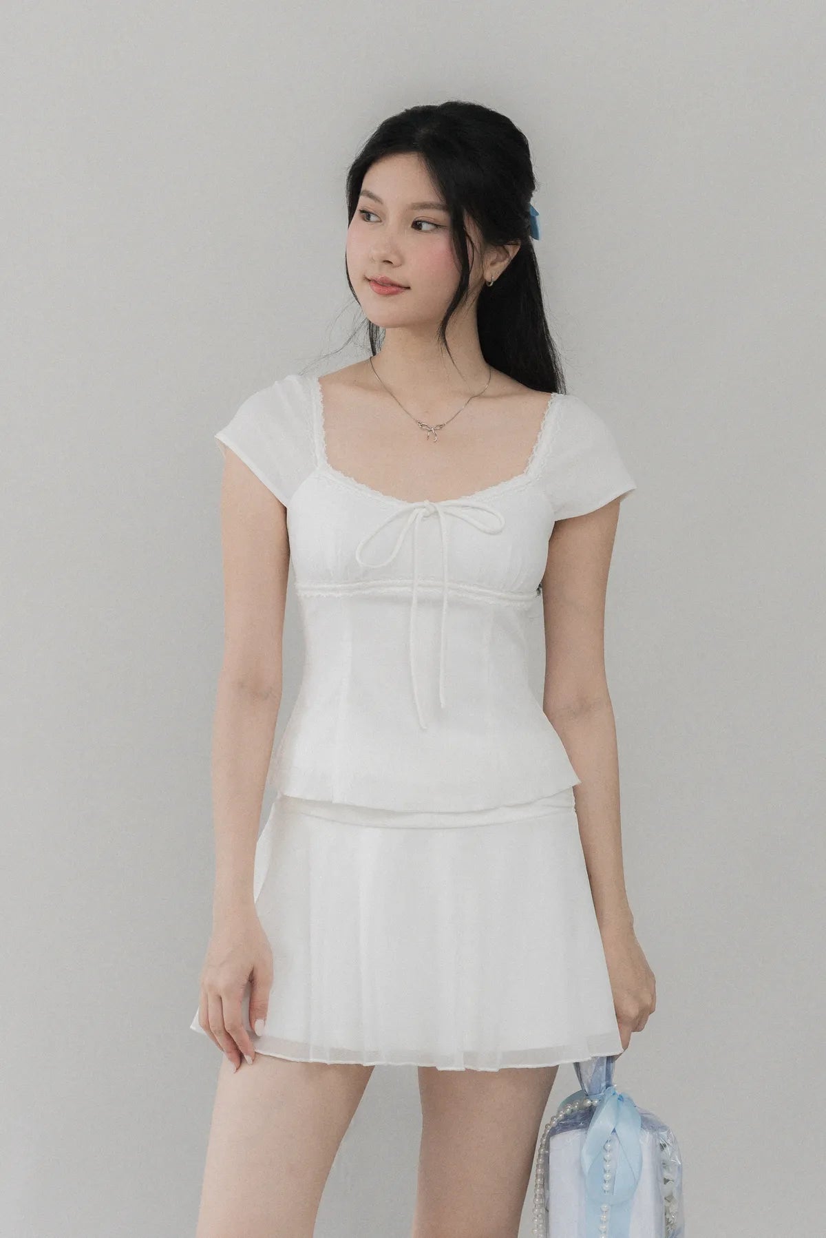 Christine Sleeved Padded Lace Ribbon Top