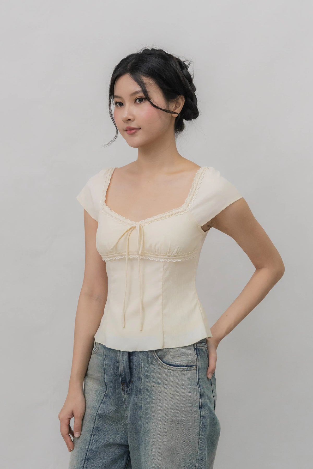 Christine Sleeved Padded Lace Ribbon Top