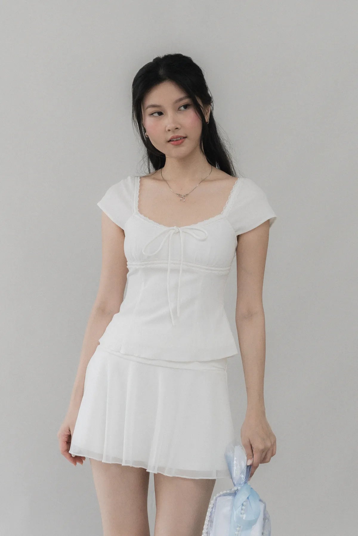 Christine Sleeved Padded Lace Ribbon Top