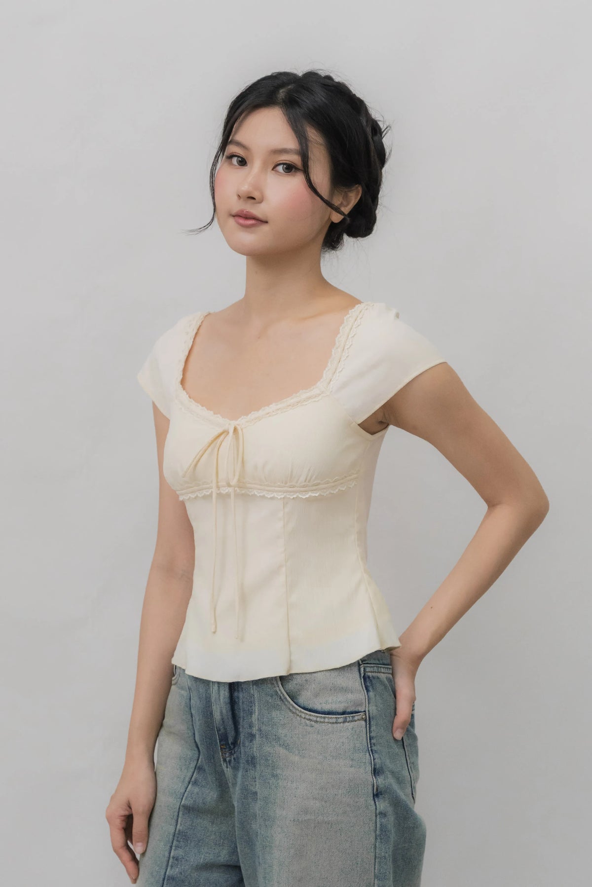 Christine Sleeved Padded Lace Ribbon Top