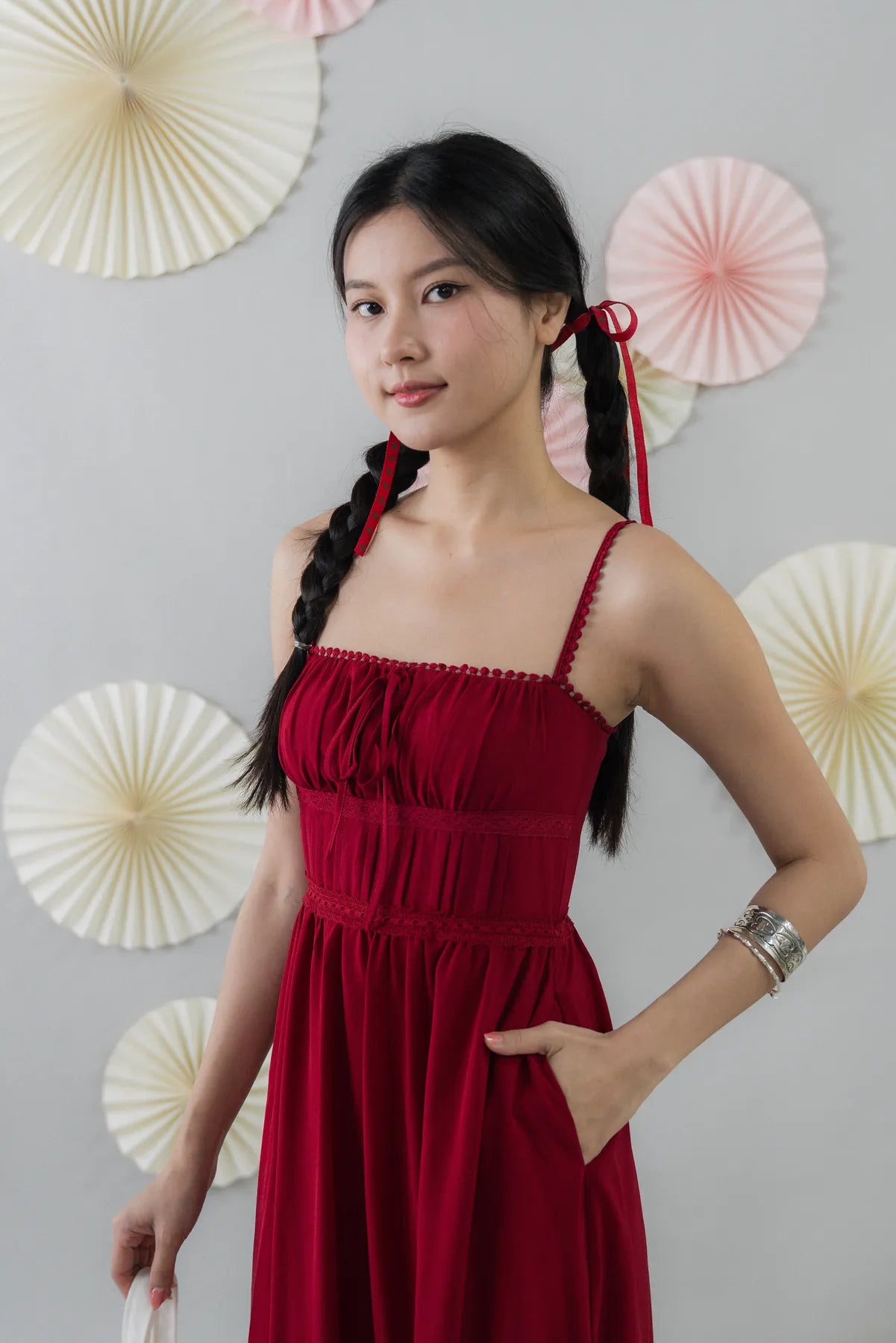 Elysia Ribbon Pintuck Padded Maxi Dress