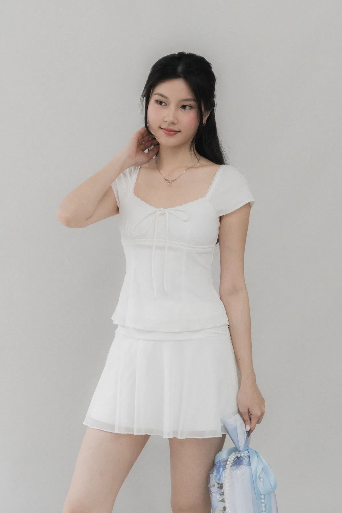 Christine Sleeved Padded Lace Ribbon Top