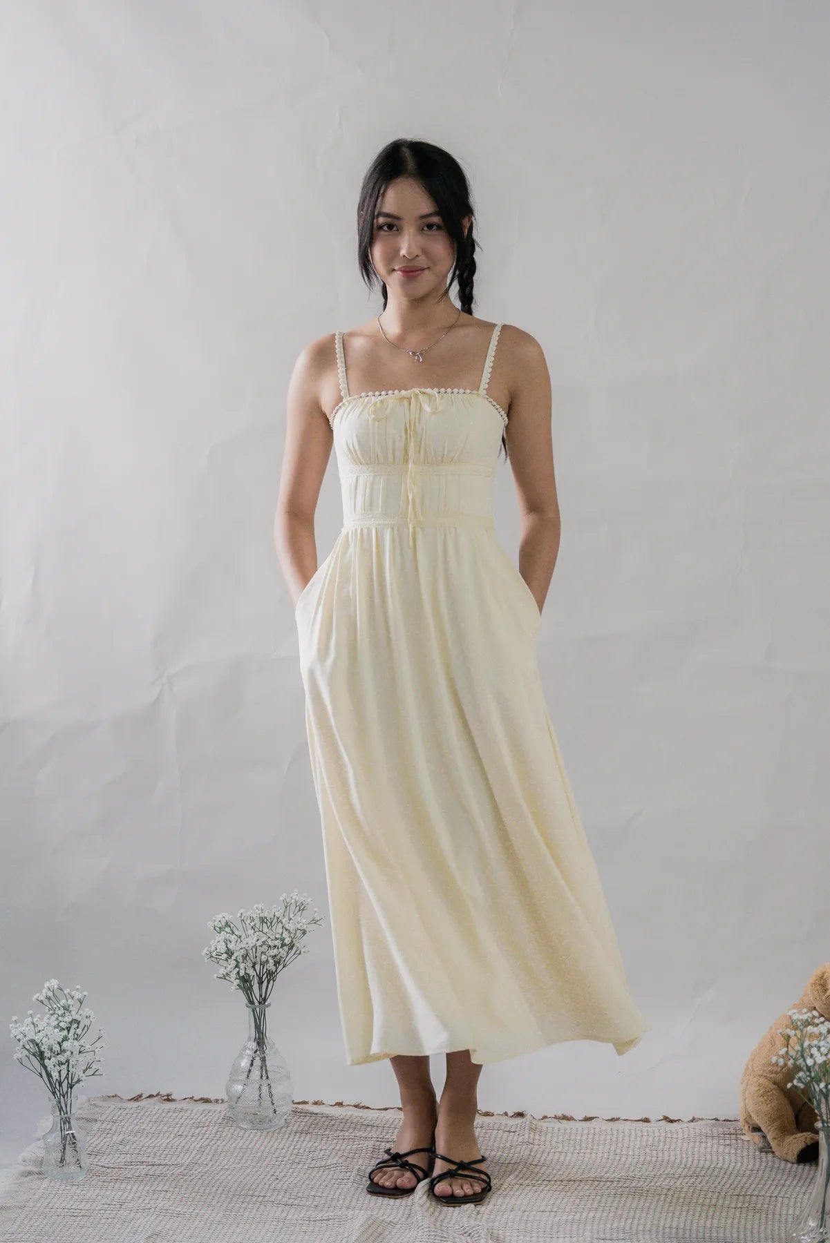 Elysia Ribbon Pintuck Padded Maxi Dress