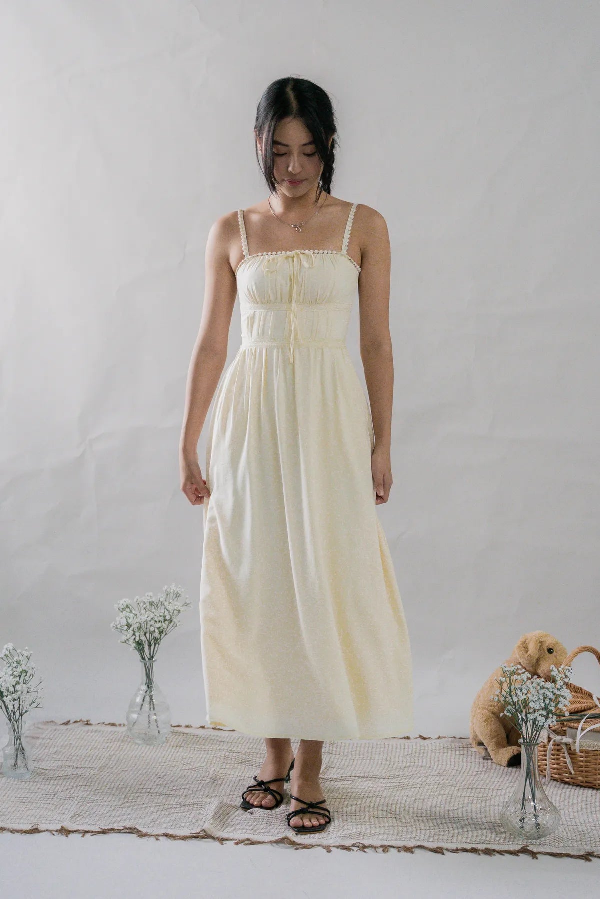 Elysia Ribbon Pintuck Padded Maxi Dress