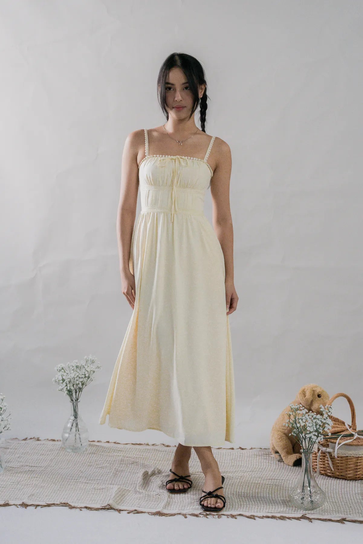 Elysia Ribbon Pintuck Padded Maxi Dress