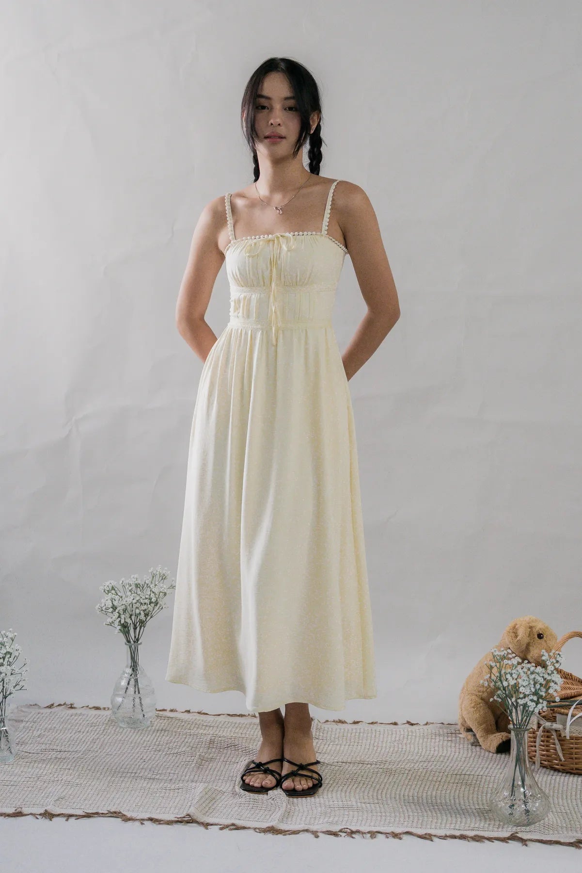 Elysia Ribbon Pintuck Padded Maxi Dress