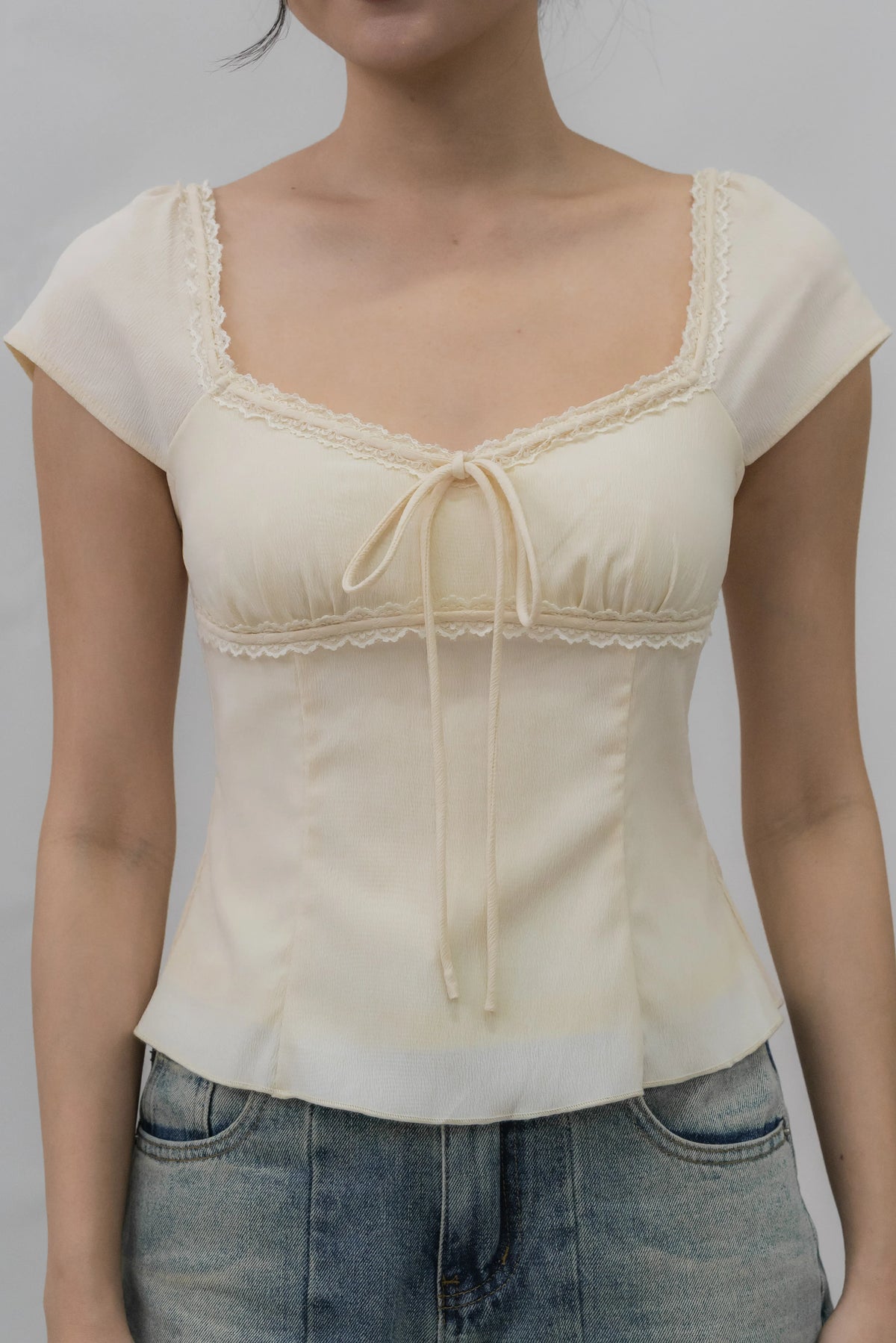 Christine Sleeved Padded Lace Ribbon Top