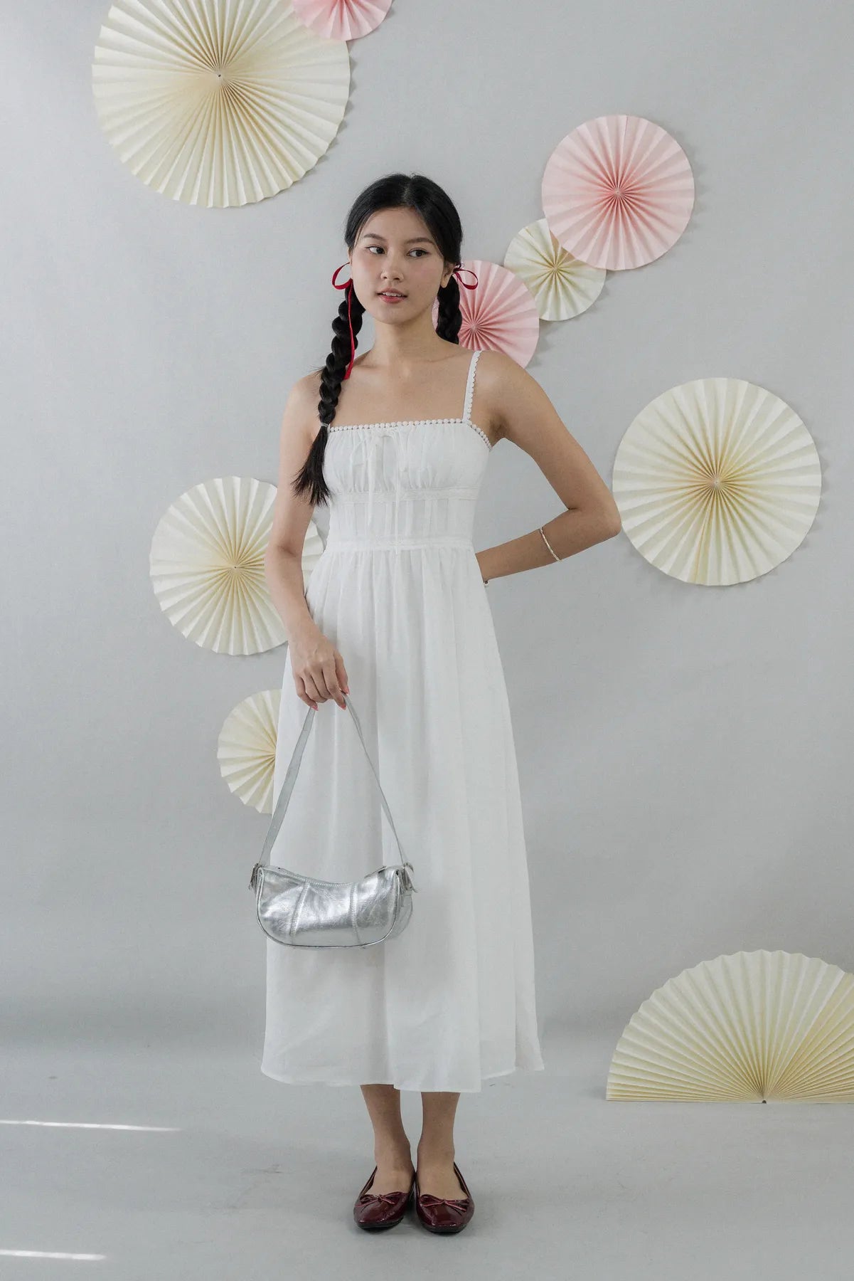 Elysia Ribbon Pintuck Padded Maxi Dress