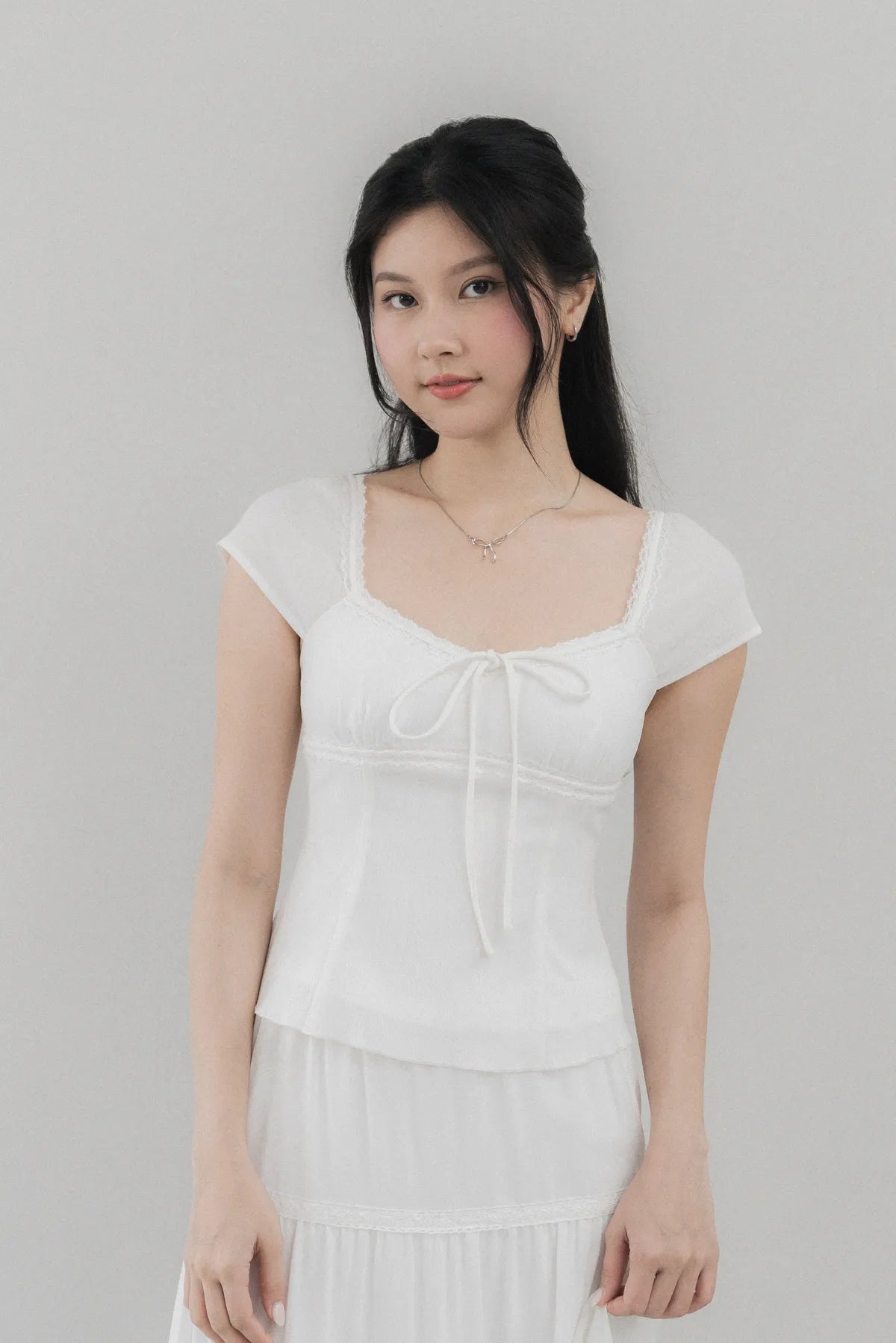 Christine Sleeved Padded Lace Ribbon Top