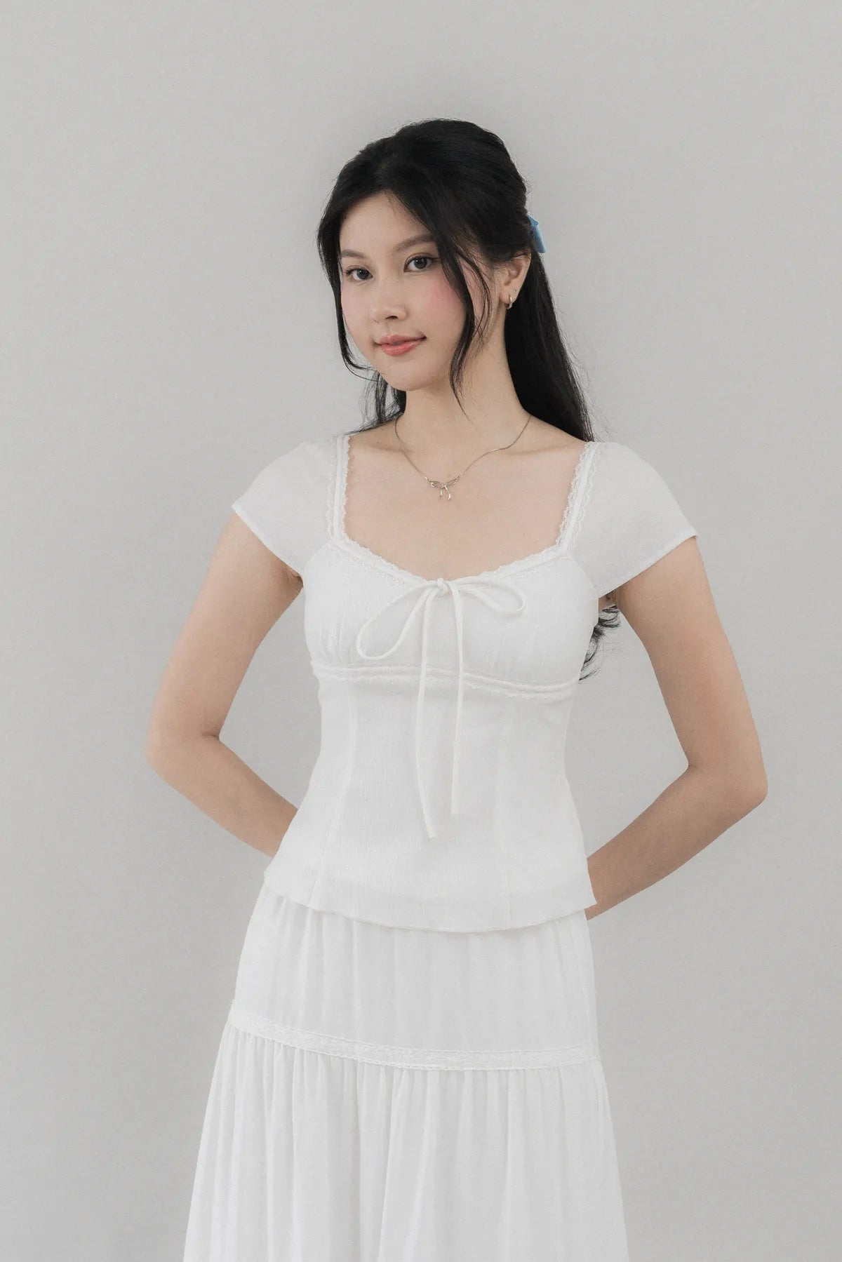 Christine Sleeved Padded Lace Ribbon Top