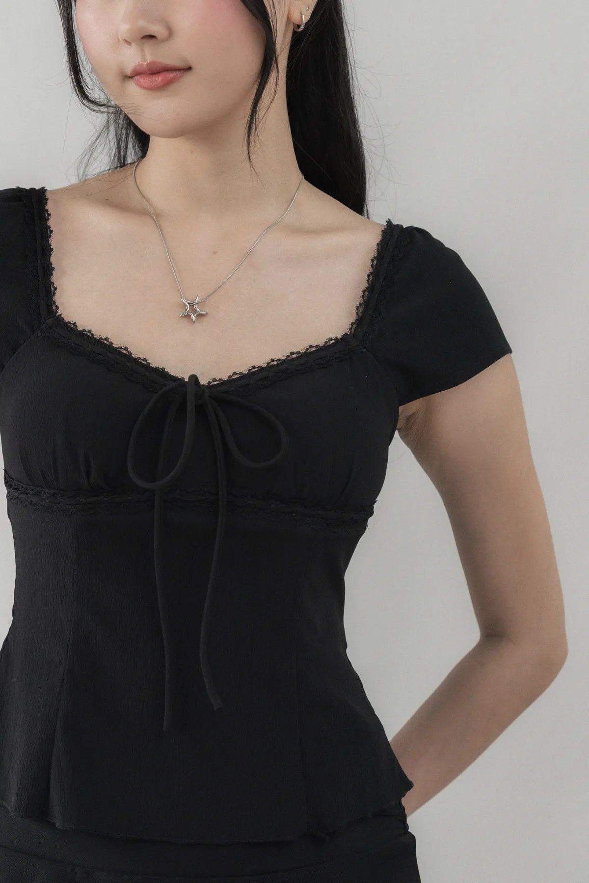 Christine Sleeved Padded Lace Ribbon Top