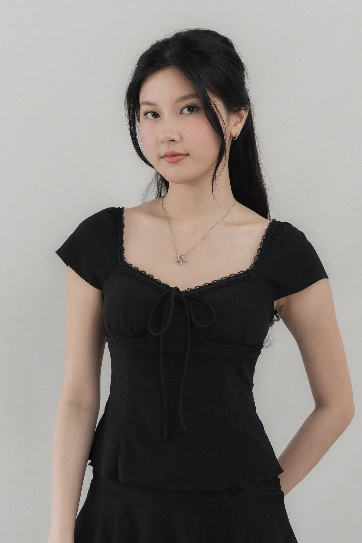 Christine Sleeved Padded Lace Ribbon Top