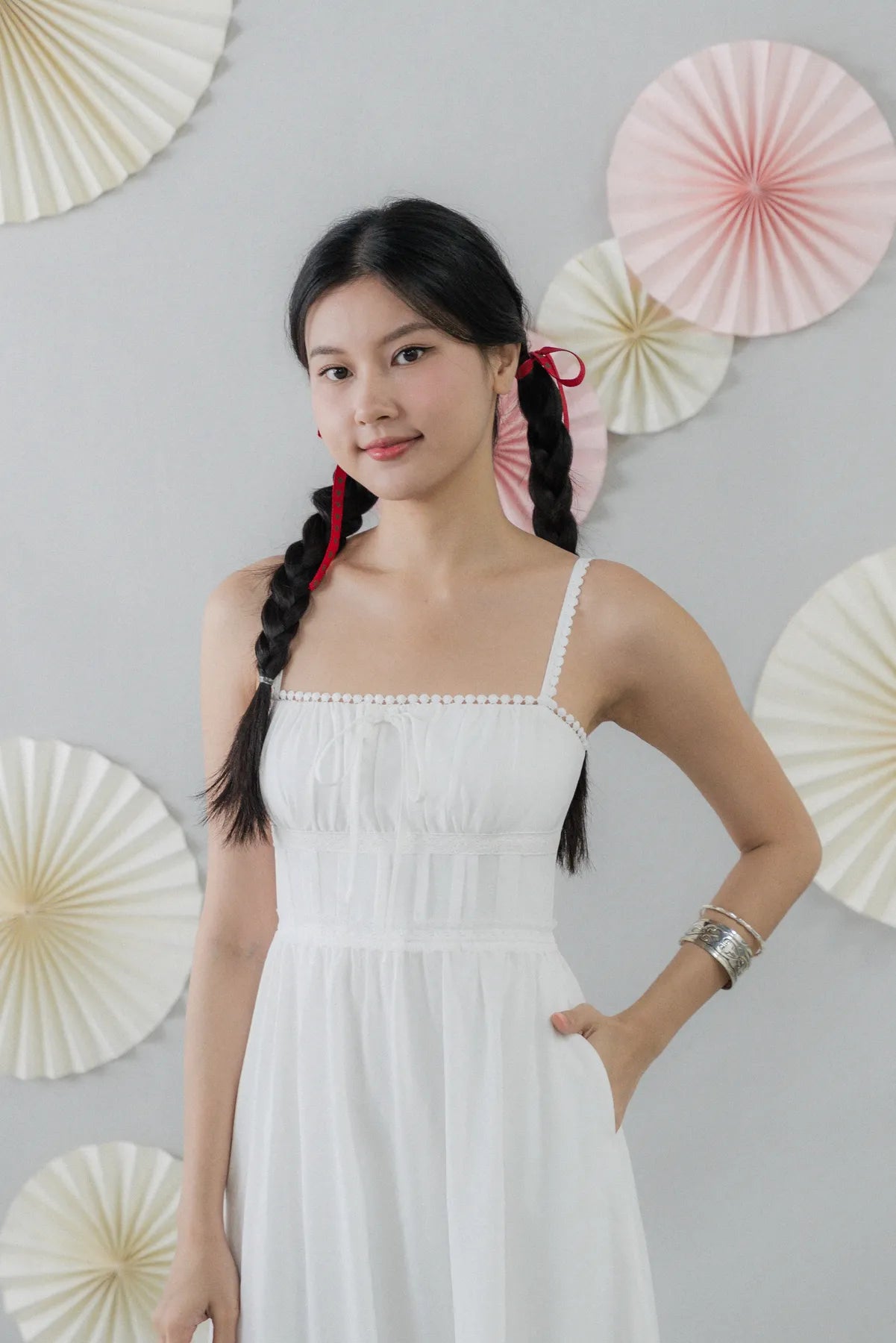 Elysia Ribbon Pintuck Padded Maxi Dress