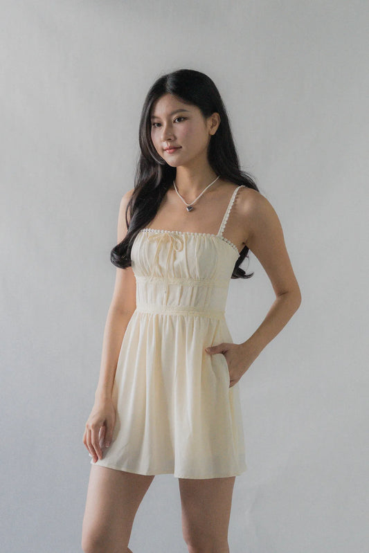 (Backorder) Elysia Ribbon Pintuck Padded Mini Romper Dress