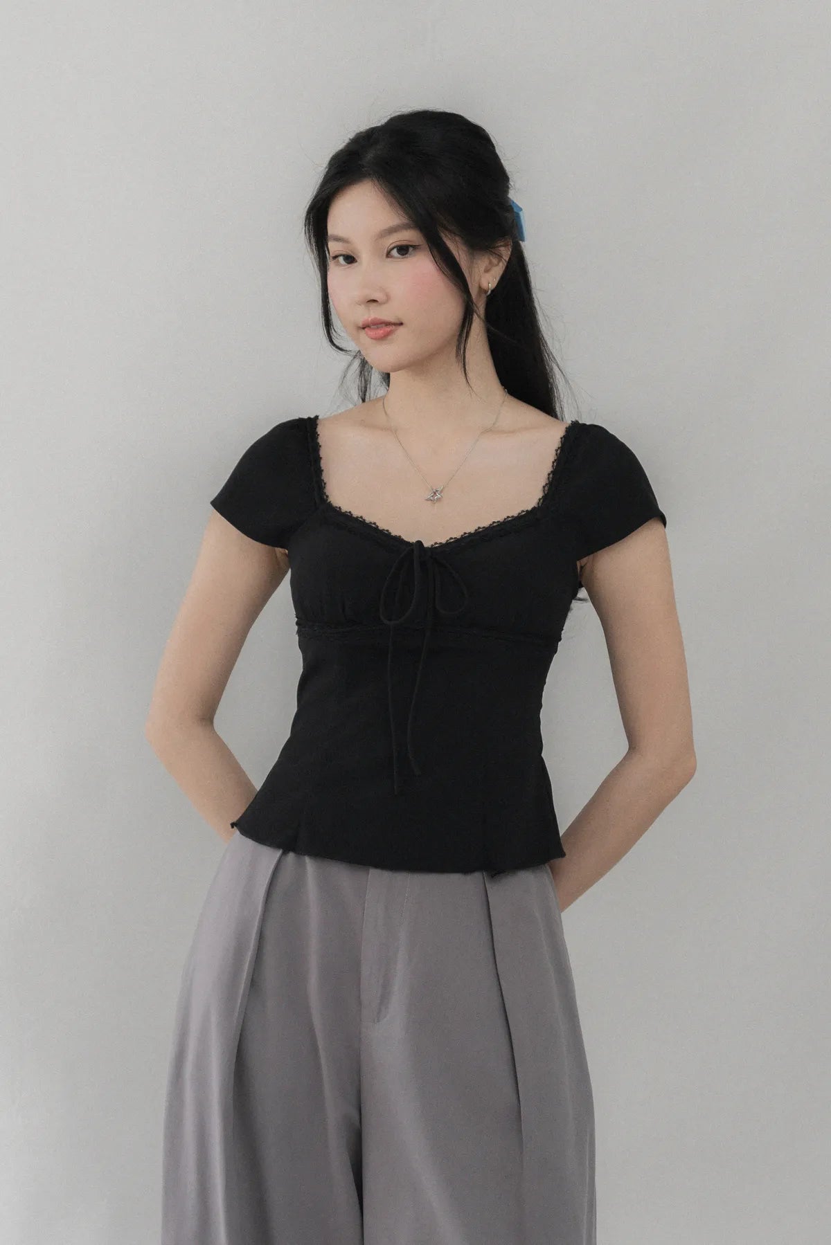 Christine Sleeved Padded Lace Ribbon Top